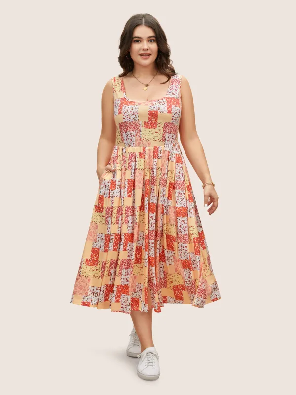 Square Neck Patchwork Floral Pleated Dress sold by Bloomchic