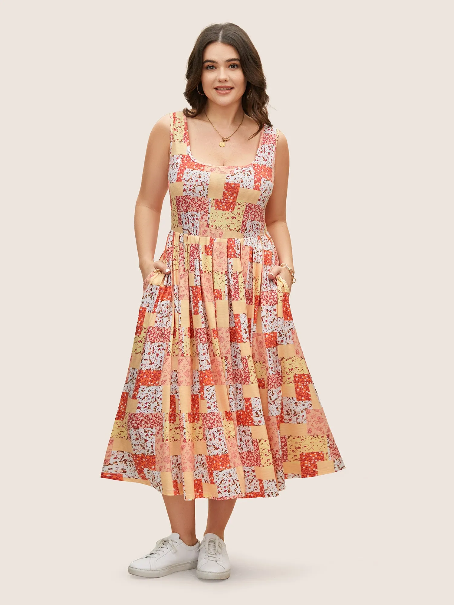 Square Neck Patchwork Floral Pleated Dress sold by Bloomchic product image thumbnail 2