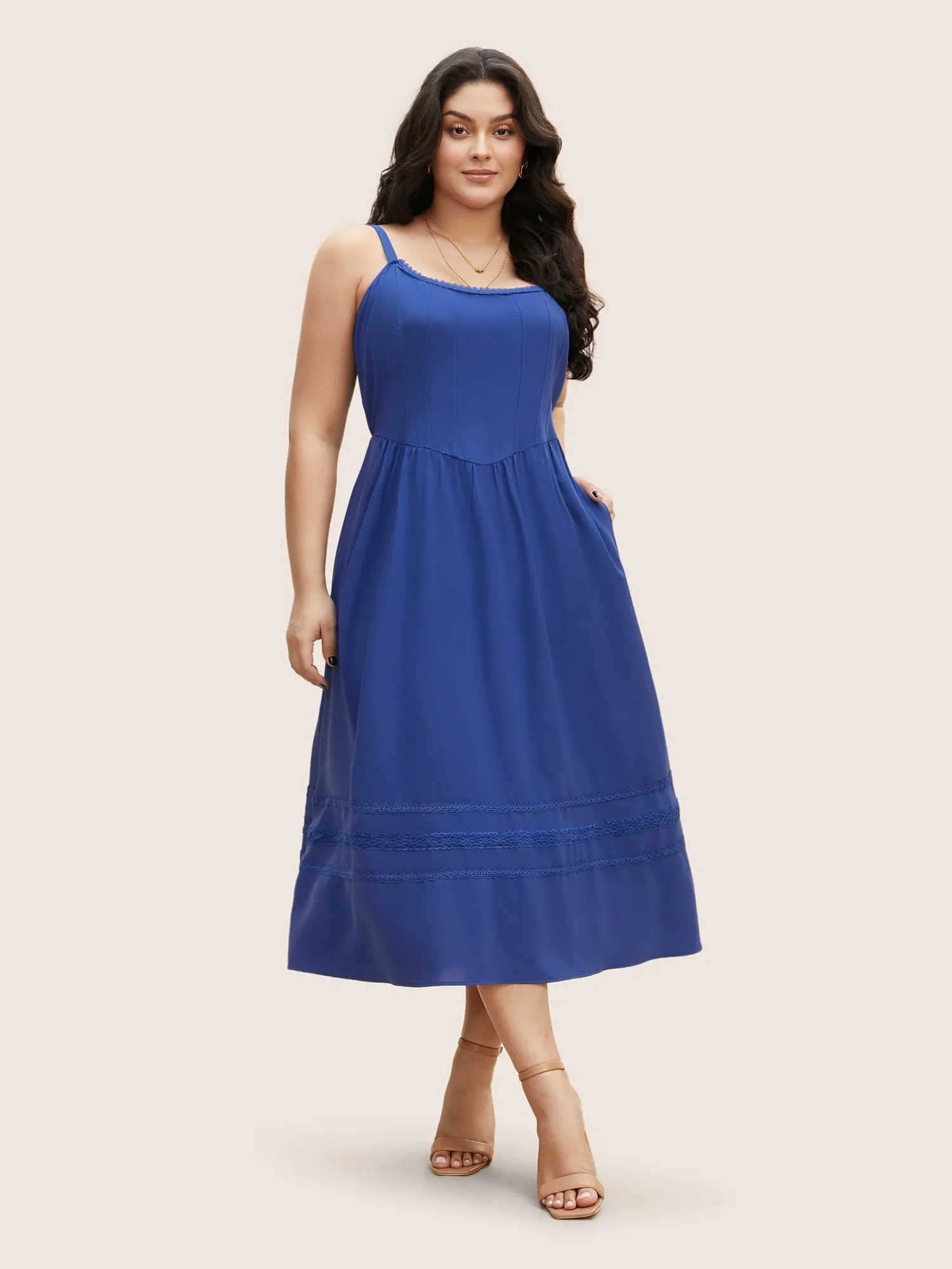 Plain Guipure Lace Cami Midi Dress sold by Bloomchic