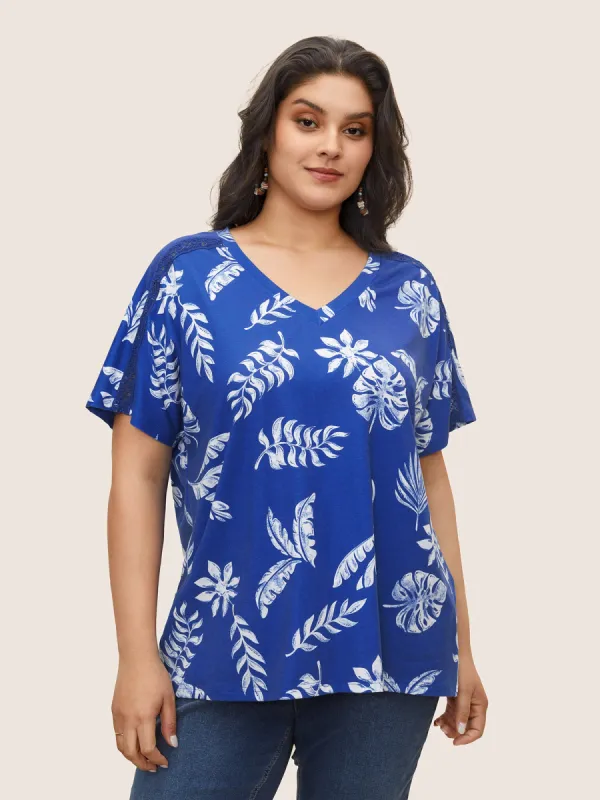 Plants Woven Ribbon Patchwork Batwing Sleeve T-shirt sold by Bloomchic