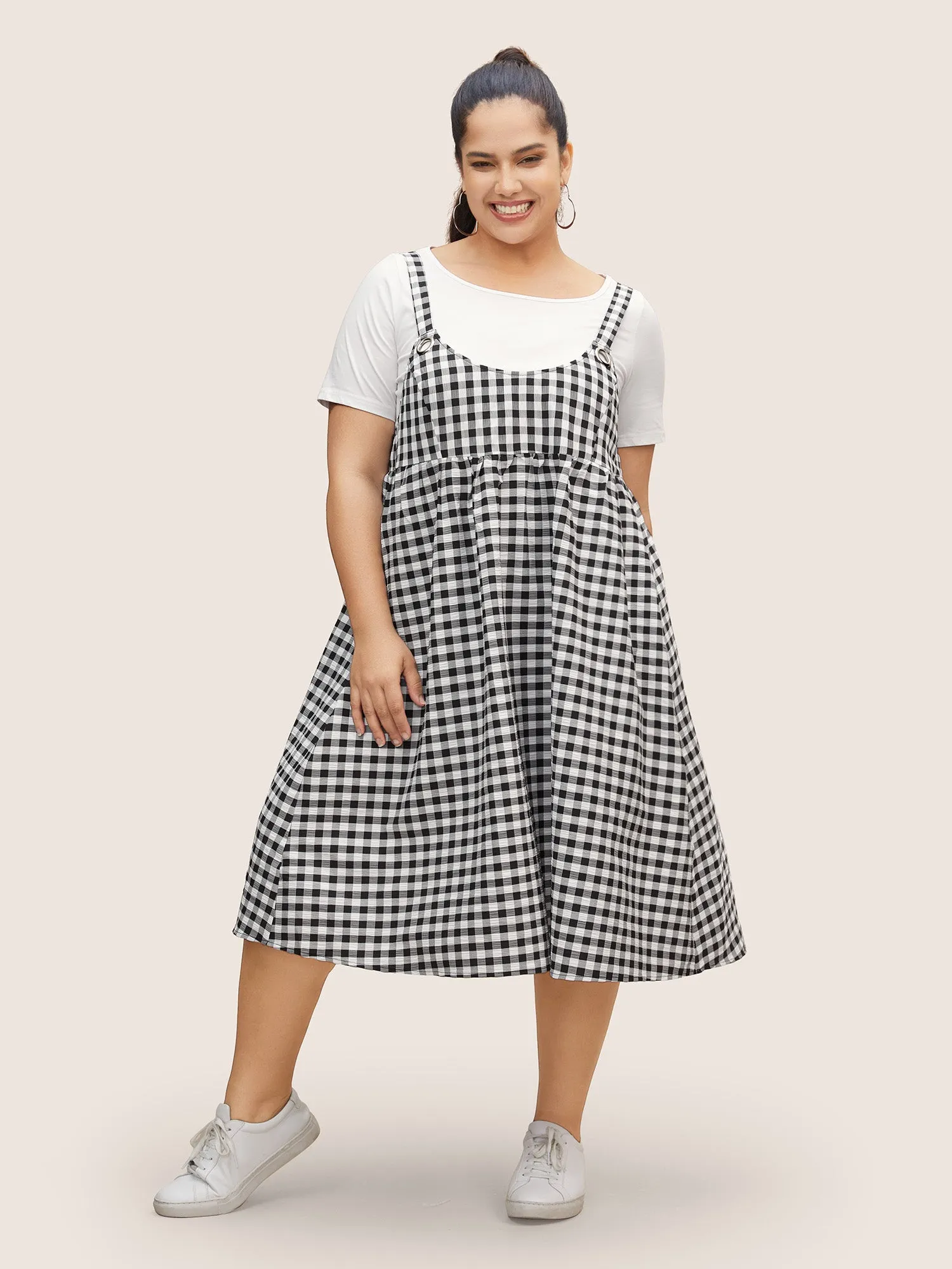 Round Neck Gingham Adjustable Straps Dress sold by Bloomchic