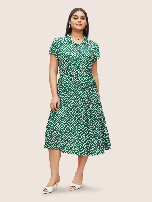 Shirt Collar Geometric Button Up Belted Dress sold by Bloomchic