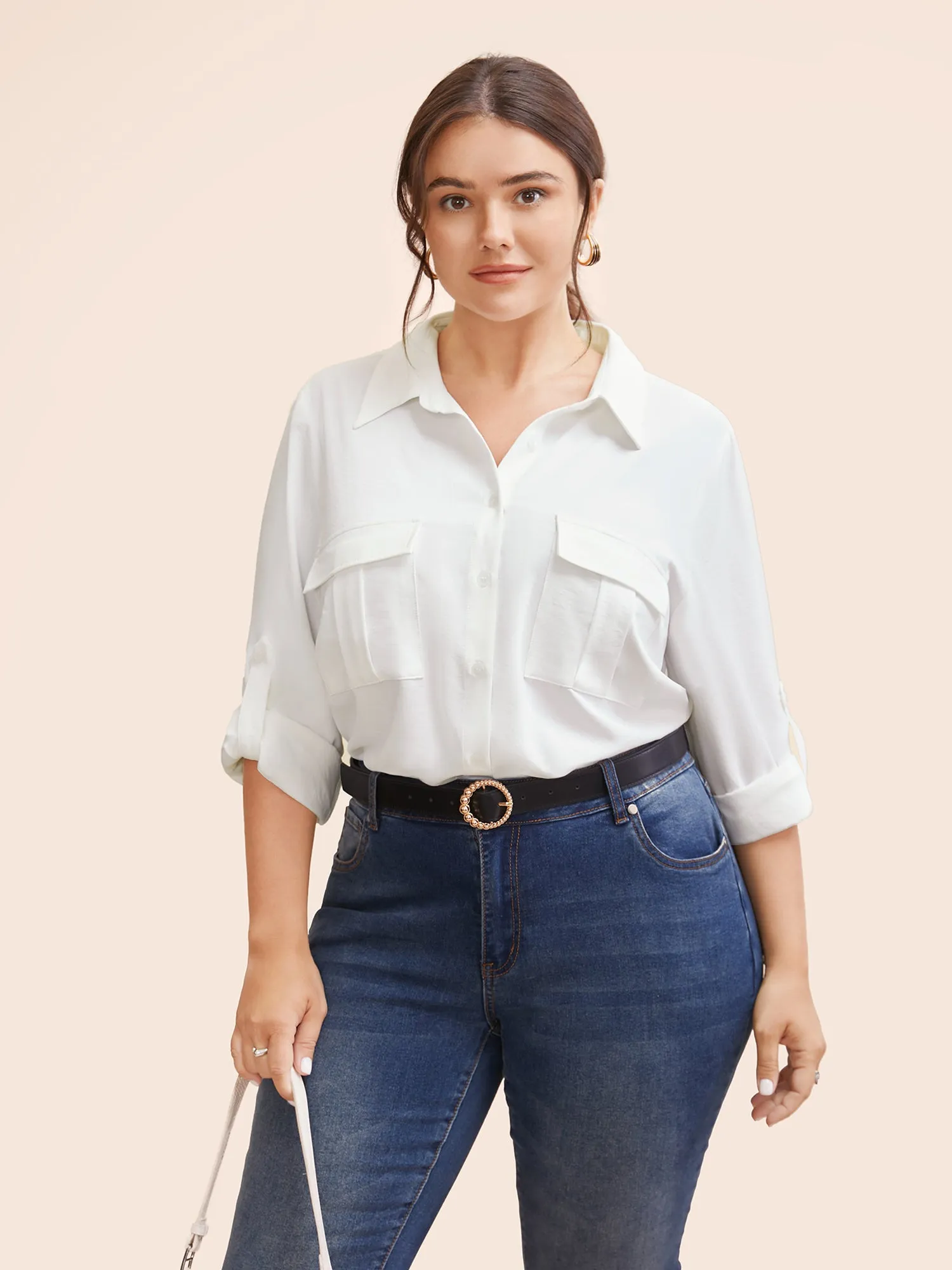 Shirt Collar Flap Detail Tab Sleeve Blouse sold by Bloomchic