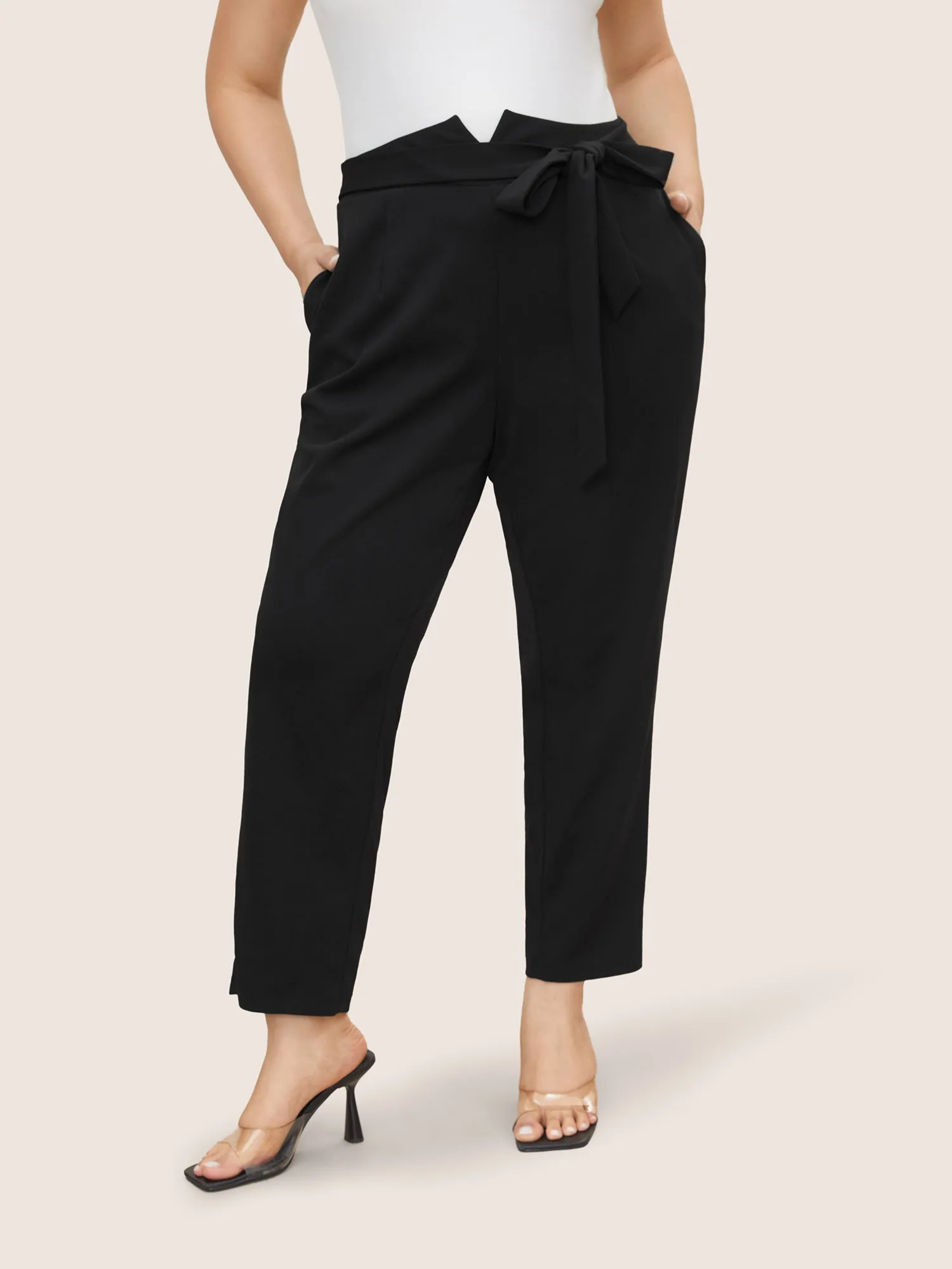 Plain Tie Knot Slanted Pocket High Rise Pants sold by Bloomchic