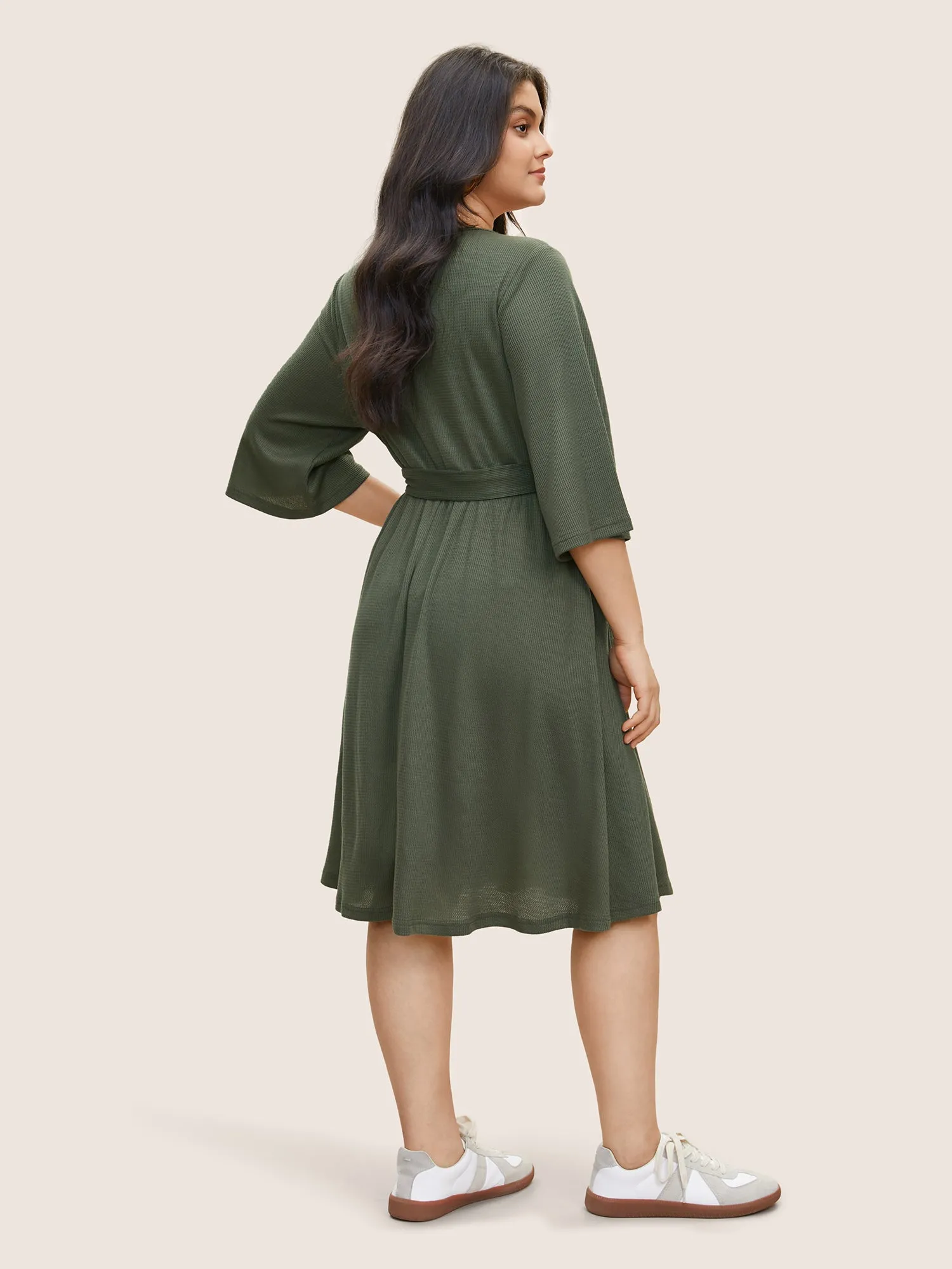 Solid Waffle Knit Button Detail Belted Dress sold by Bloomchic product image thumbnail 3