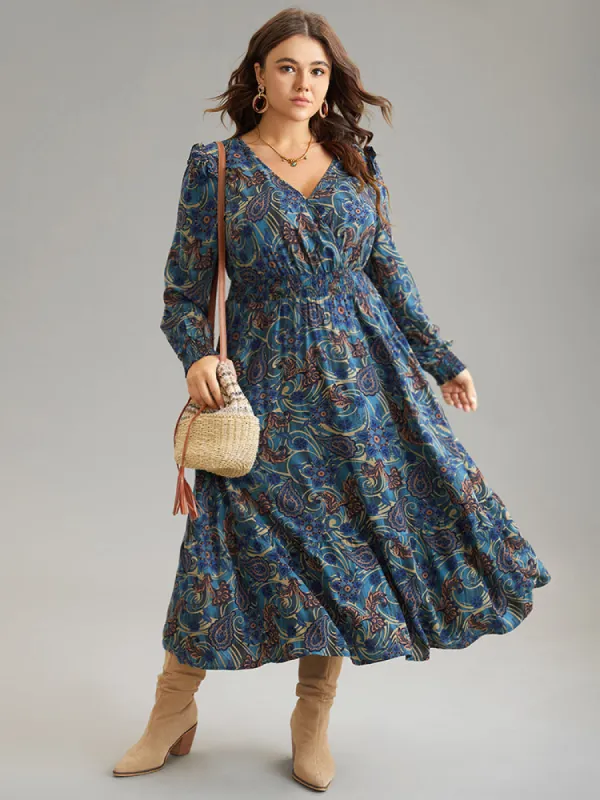 Bandana Print Shirred Pocket Frill Trim Dress sold by Bloomchic