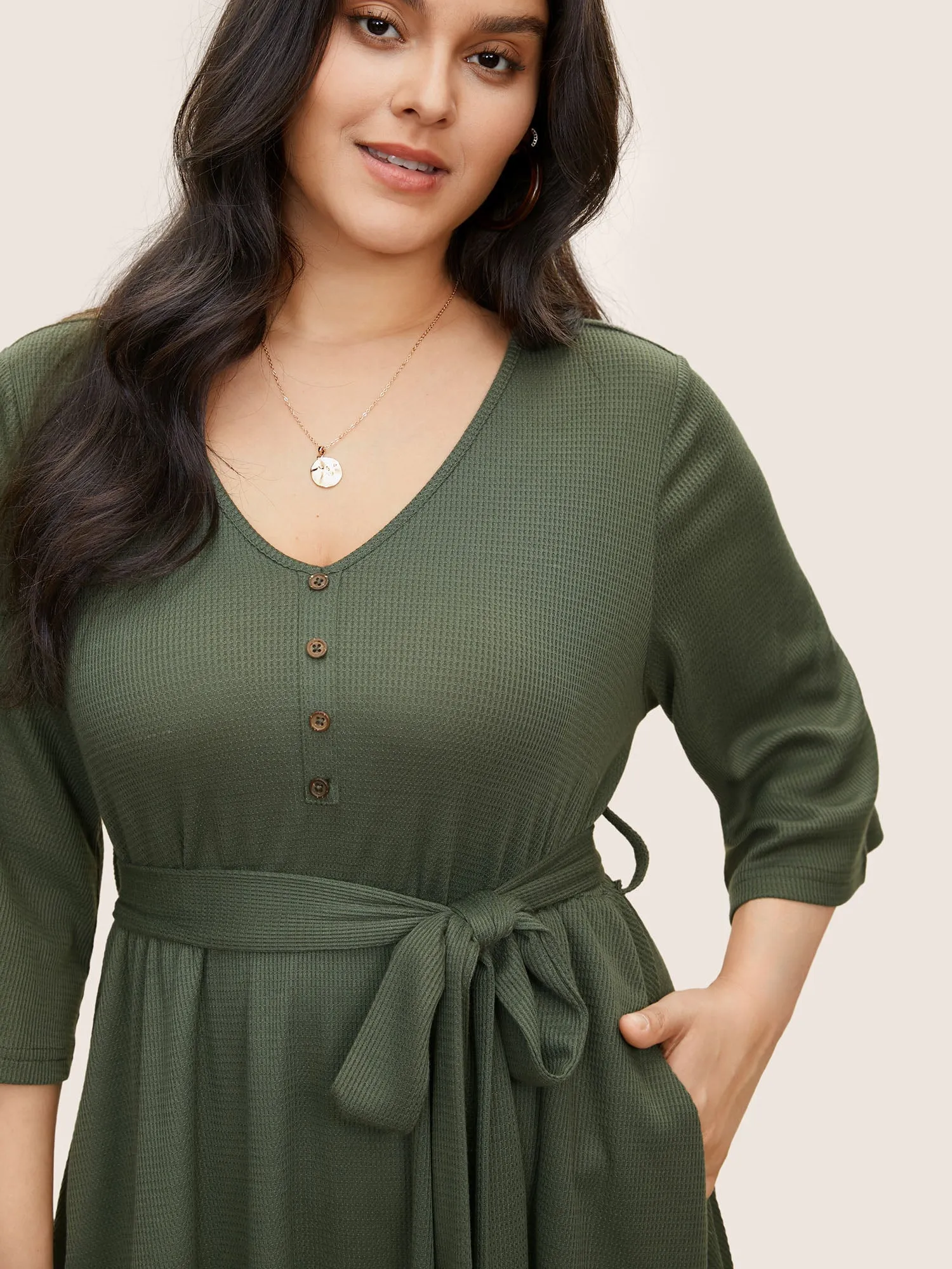 Solid Waffle Knit Button Detail Belted Dress sold by Bloomchic product image thumbnail 4