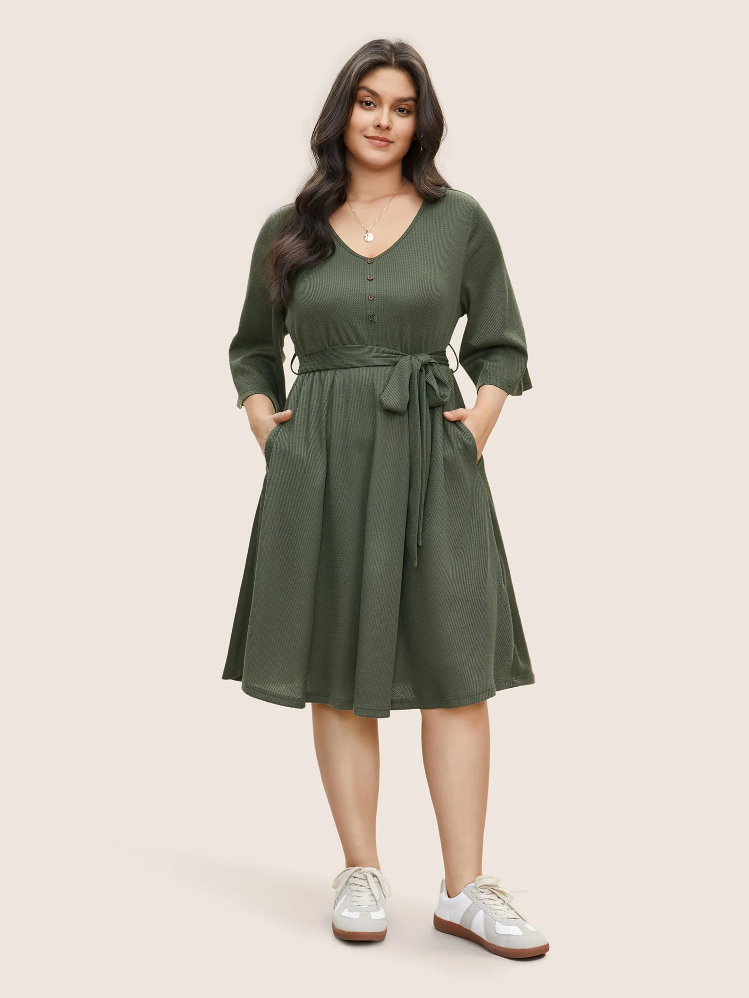 Solid Waffle Knit Button Detail Belted Dress sold by Bloomchic