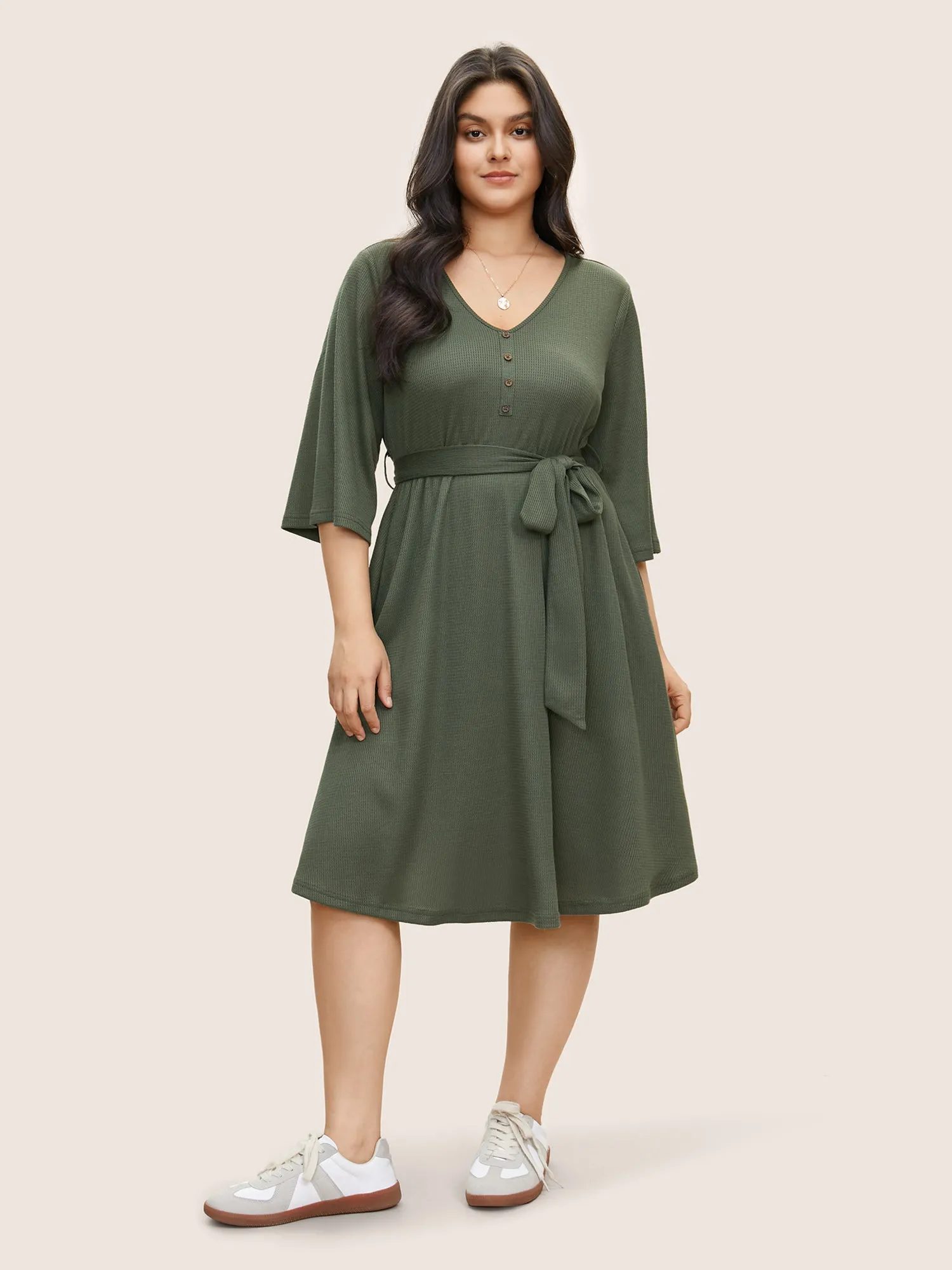 Solid Waffle Knit Button Detail Belted Dress sold by Bloomchic product image thumbnail 2