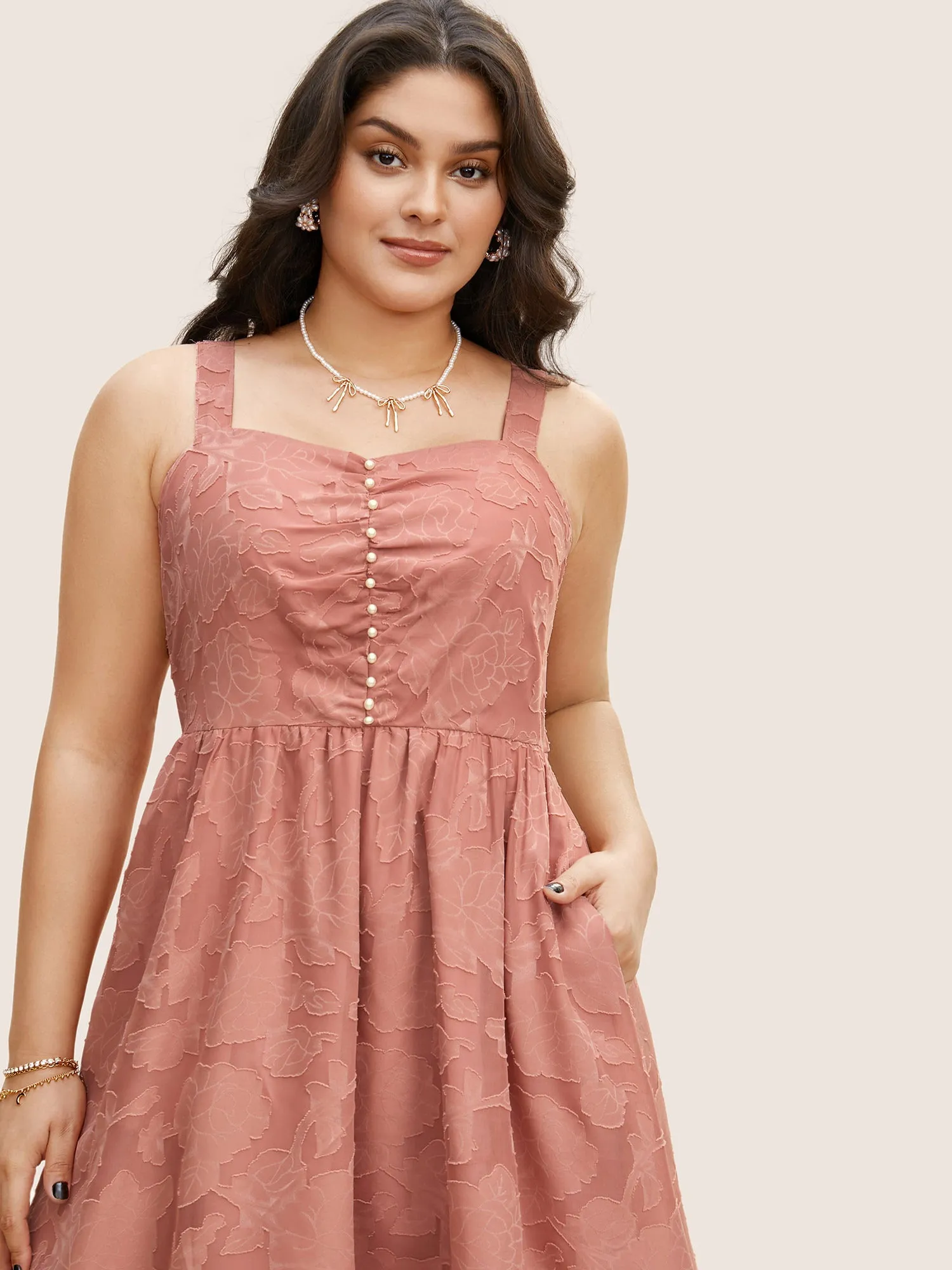 Textured Mesh Pearl Beaded Ruched Pocket Dress sold by Bloomchic product image thumbnail 4