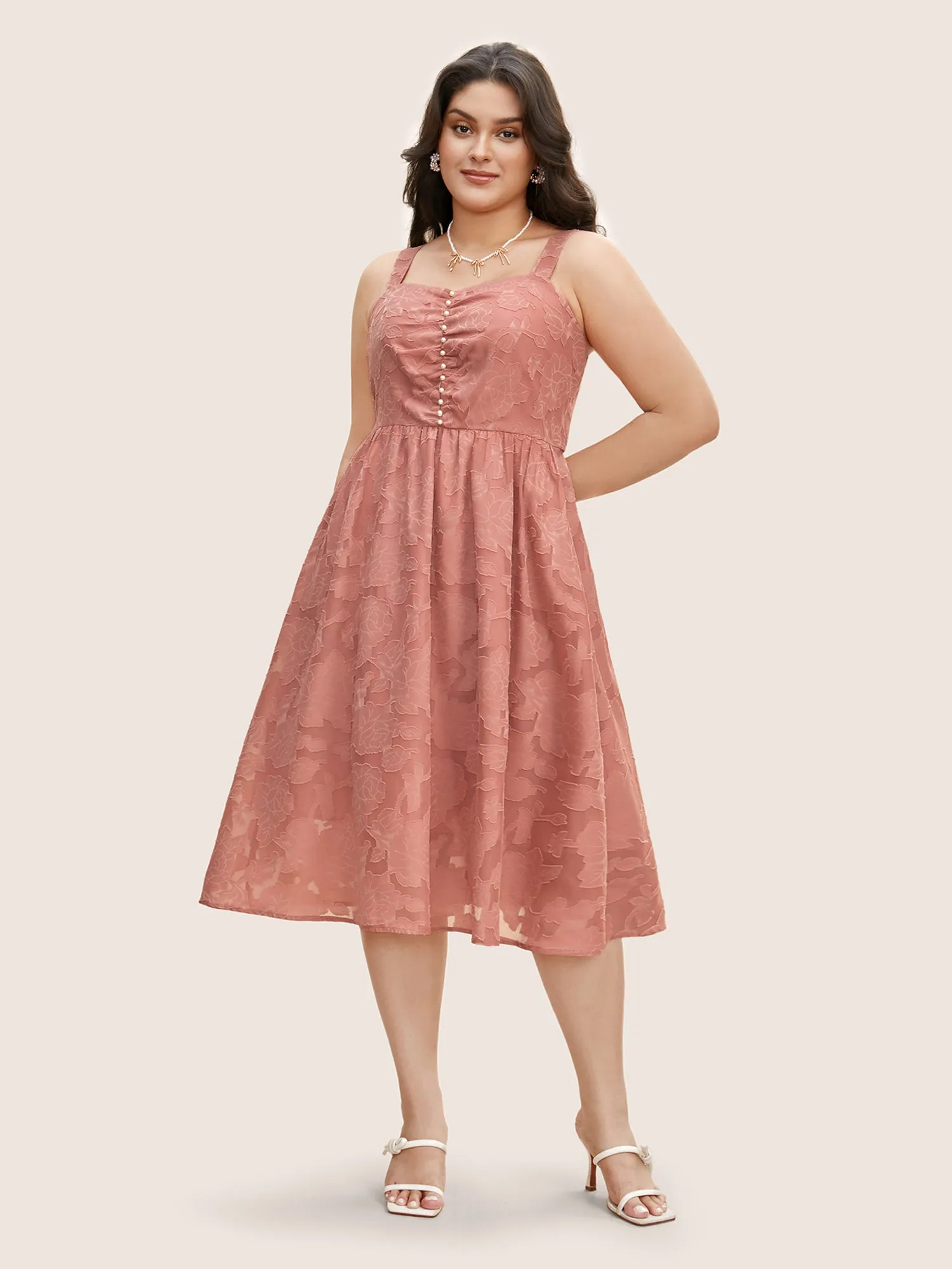 Textured Mesh Pearl Beaded Ruched Pocket Dress sold by Bloomchic