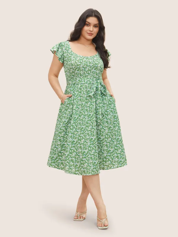Ditsy Floral Belted Flutter Cap Sleeve Dress sold by Bloomchic