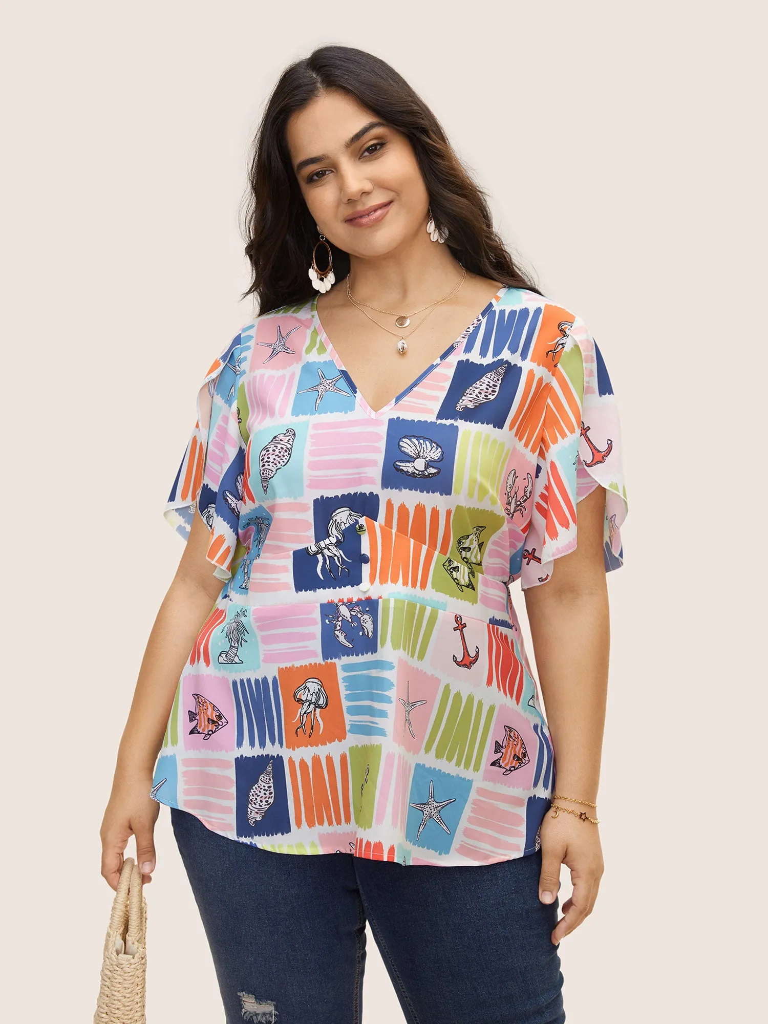 Marine Elements Contrast Petal Sleeve Blouse sold by Bloomchic