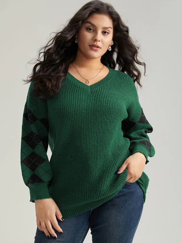 Anti-Pilling Plaid Contrast V Neck Elastic Cuffs Pullover sold by Bloomchic