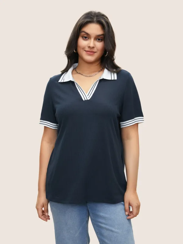 Striped Patchwork Polo Neck Rib Knit T-shirt sold by Bloomchic