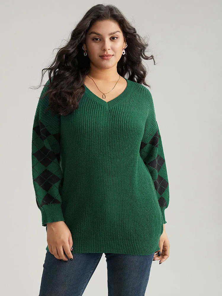 Anti-Pilling Plaid Contrast V Neck Elastic Cuffs Pullover sold by Bloomchic product image thumbnail 3
