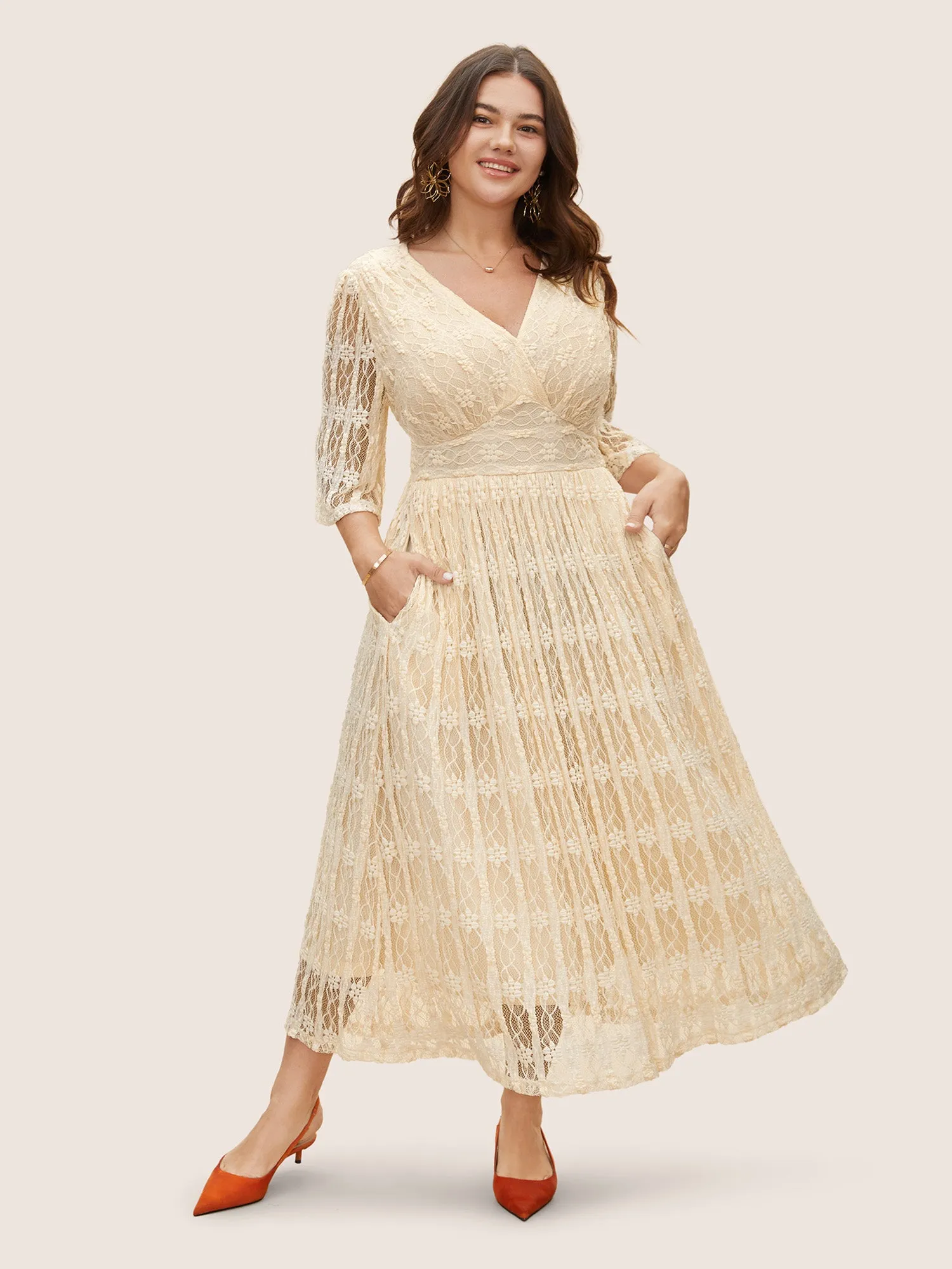 Solid Overlap Collar Lace Panel Dress sold by Bloomchic product image thumbnail 3