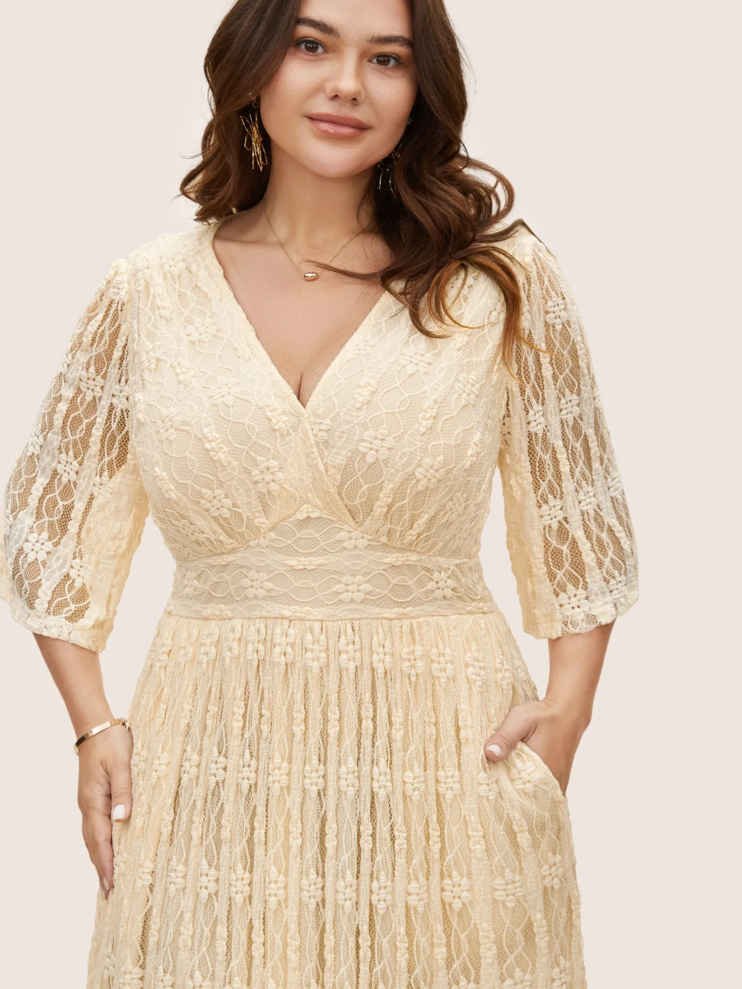 Solid Overlap Collar Lace Panel Dress sold by Bloomchic product image thumbnail 2