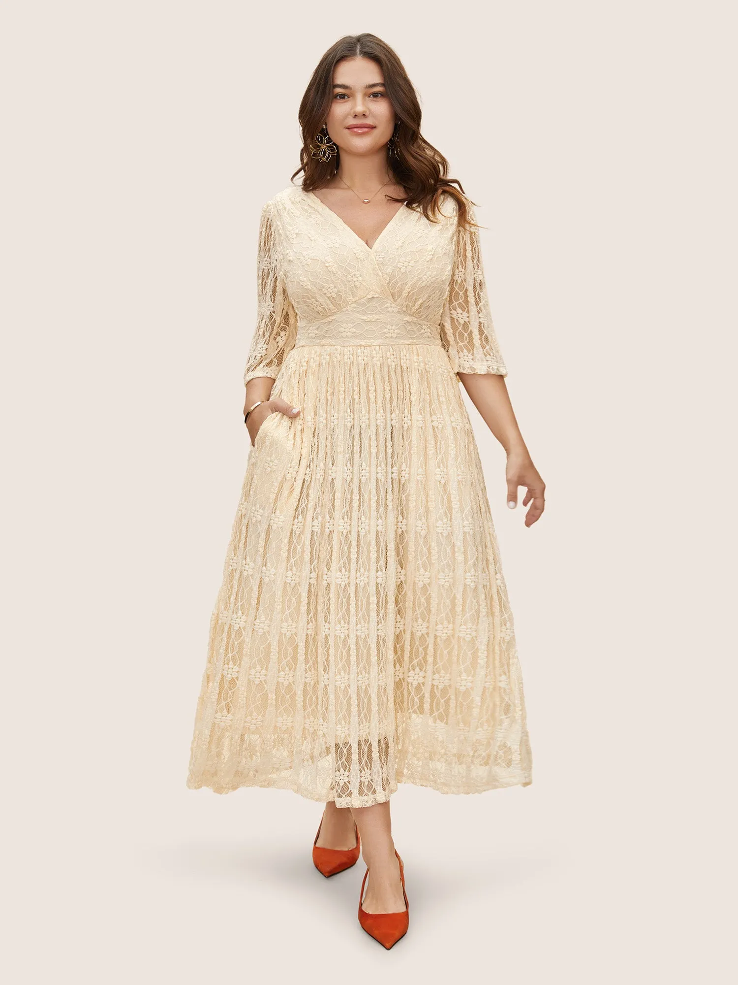 Solid Overlap Collar Lace Panel Dress sold by Bloomchic