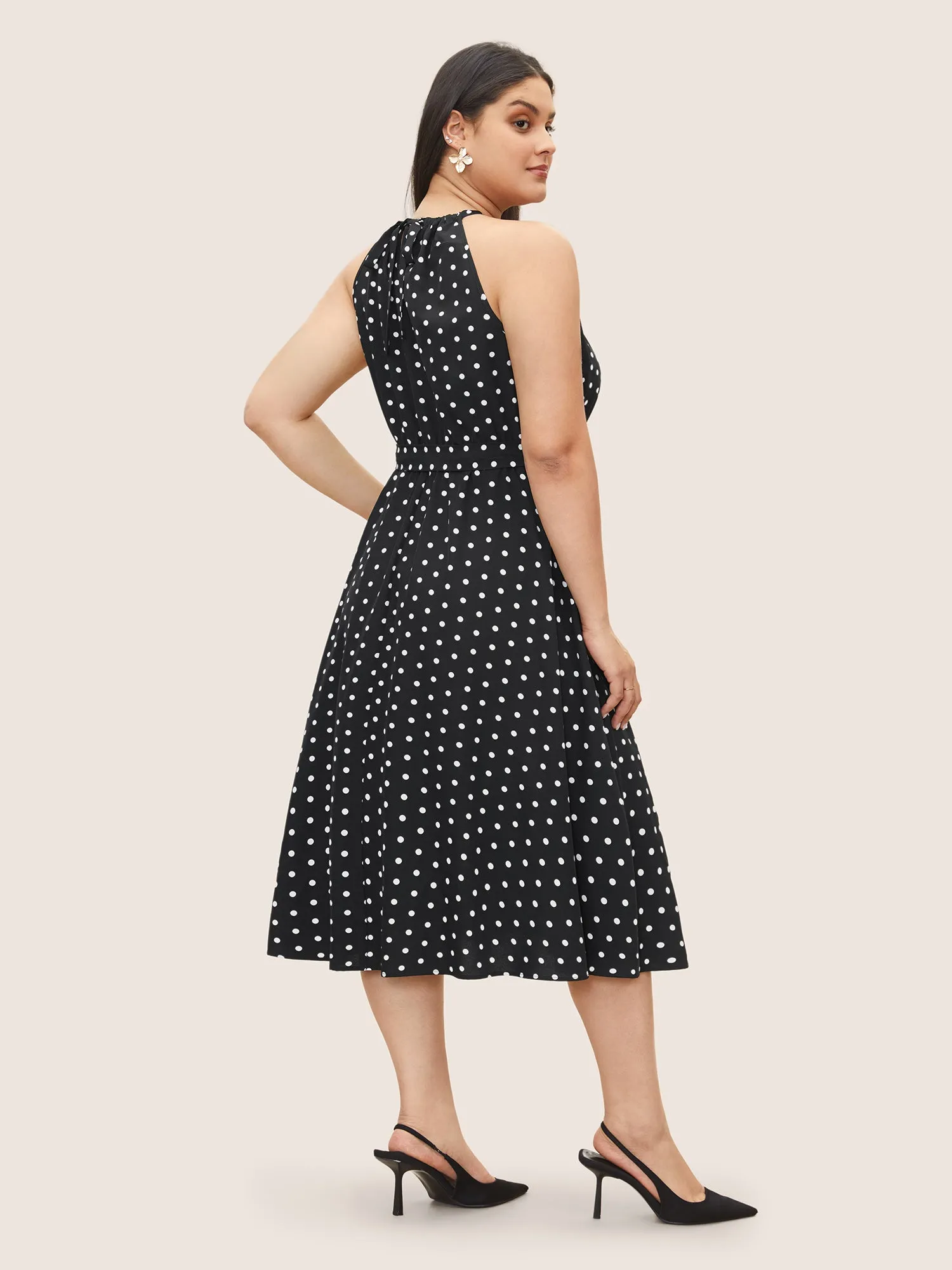 Polka Dot Halter Elastic Waist Belted Gathered Dress sold by Bloomchic product image thumbnail 3
