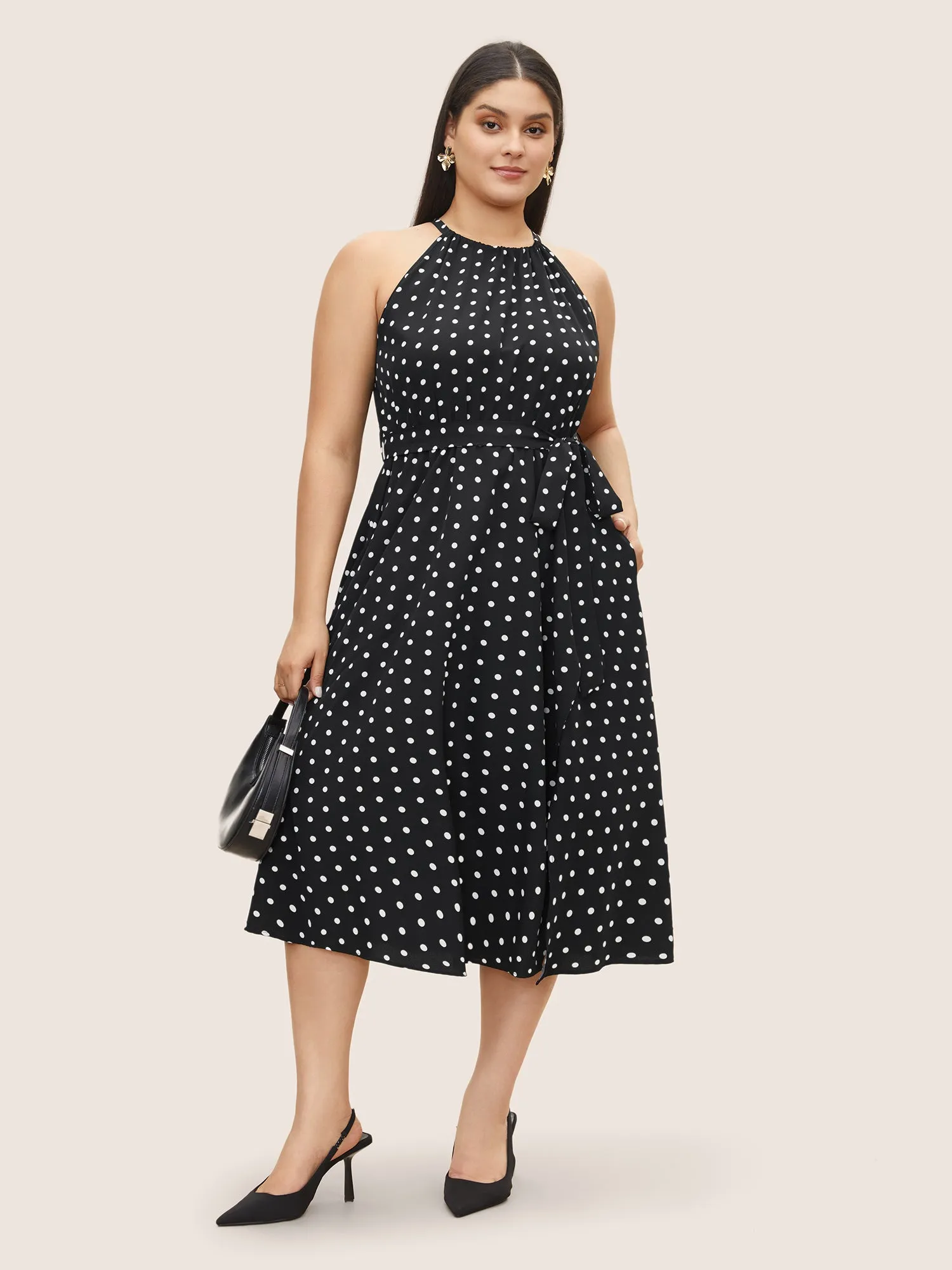 Polka Dot Halter Elastic Waist Belted Gathered Dress sold by Bloomchic