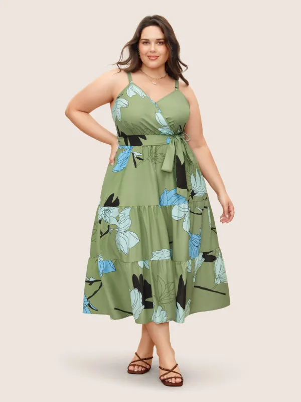 Floral Print Wrap Ruffle Layered Hem Cami Dress sold by Bloomchic