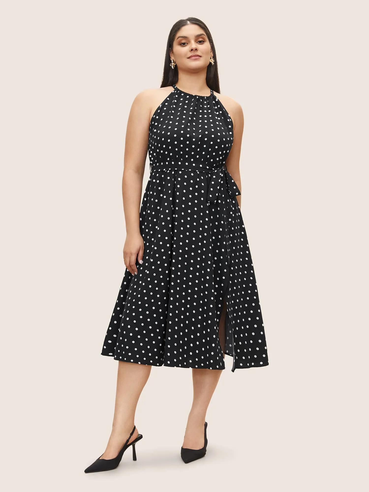 Polka Dot Halter Elastic Waist Belted Gathered Dress sold by Bloomchic product image thumbnail 2