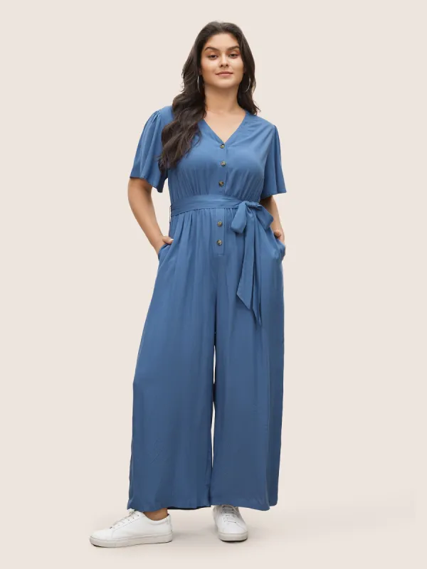 Supersoft Essentials Plain Flutter Sleeve Belted Jumpsuit sold by Bloomchic