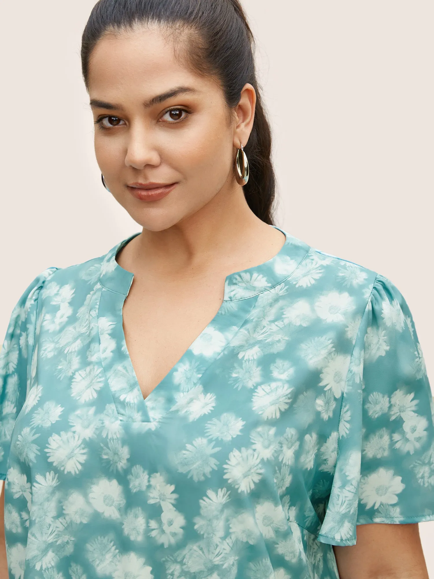 Notched Floral Gathered Flutter Sleeve Blouse sold by Bloomchic product image thumbnail 4