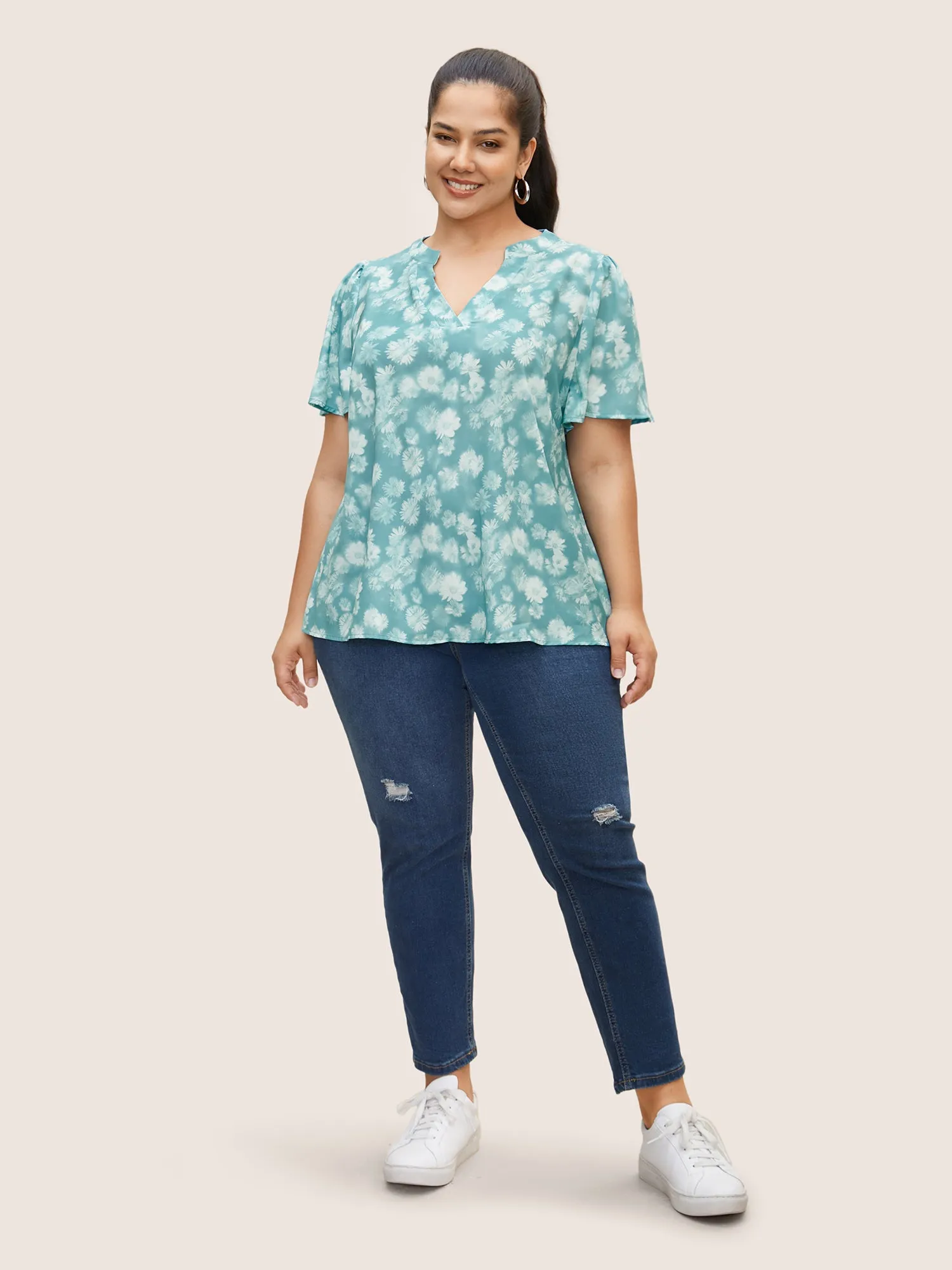 Notched Floral Gathered Flutter Sleeve Blouse sold by Bloomchic product image thumbnail 2