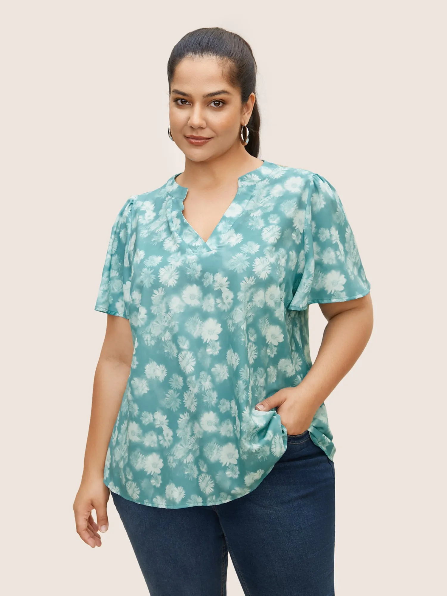 Notched Floral Gathered Flutter Sleeve Blouse sold by Bloomchic