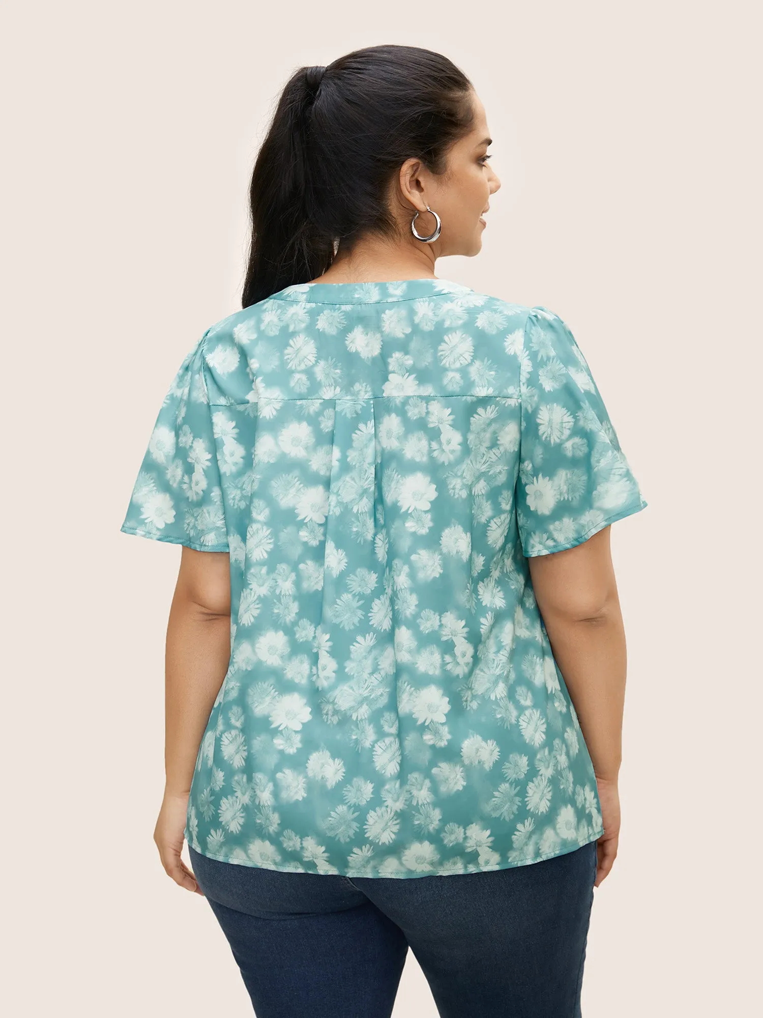 Notched Floral Gathered Flutter Sleeve Blouse sold by Bloomchic product image thumbnail 3