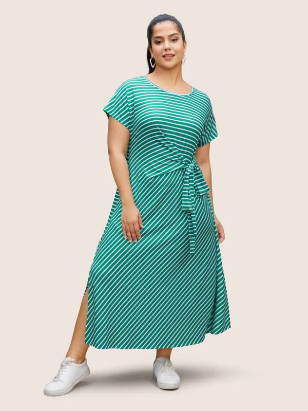 Striped Tie Knot Batwing Sleeve Split Side Dress sold by Bloomchic