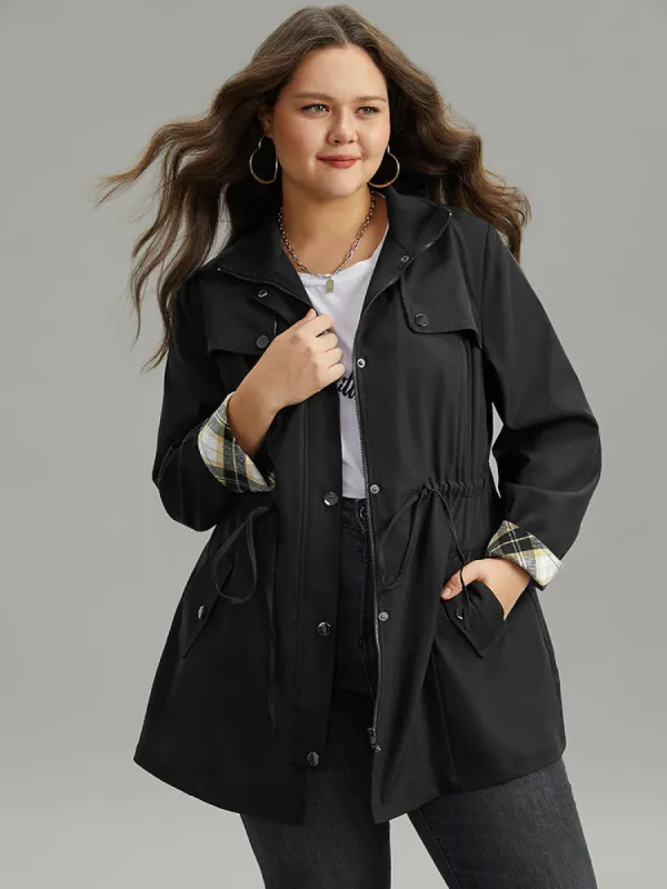 Wind-Resistant Plaid Patchwork Drawstring Zipper Coat sold by Bloomchic