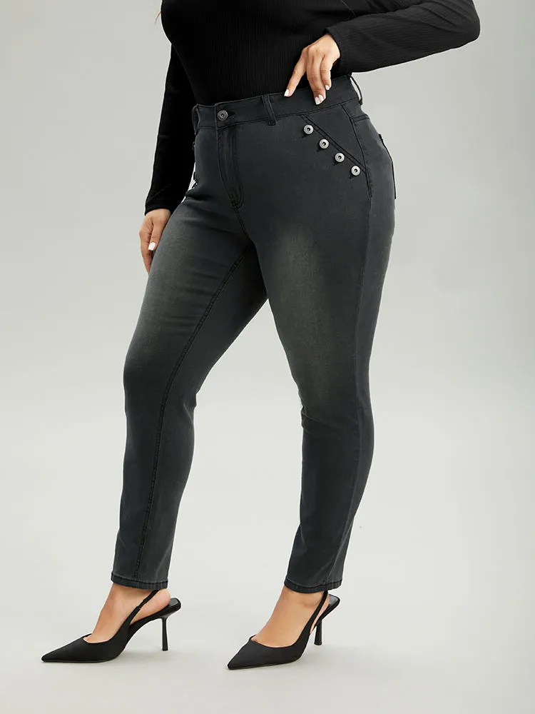 Black Wash Button Detail Skinny Jeans sold by Bloomchic product image thumbnail 2