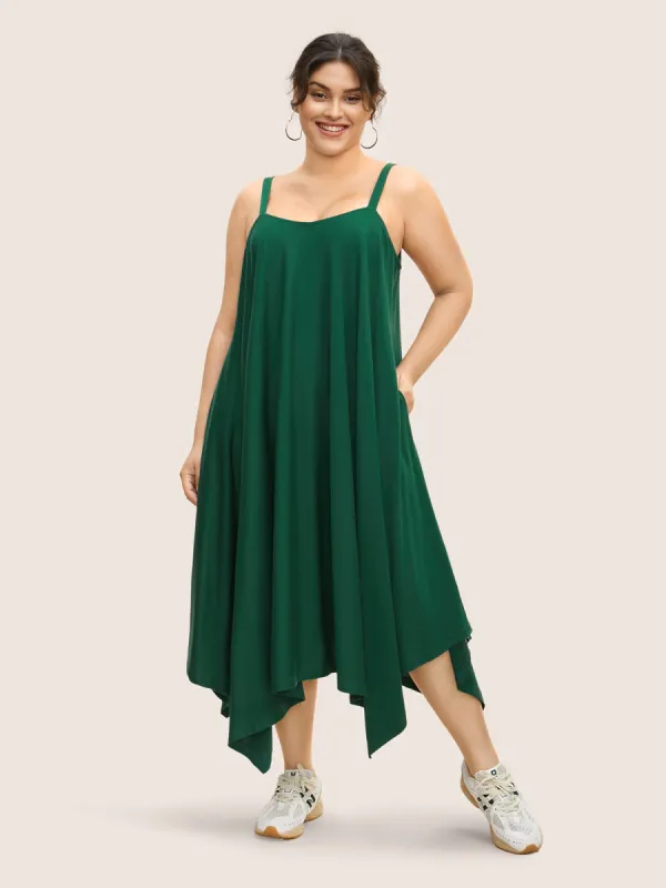 Solid Asymmetrical Hem Pocket Cami Dress sold by Bloomchic