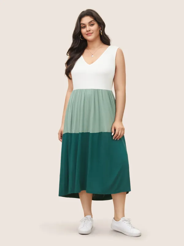 Colorblock Contrast Sleeveless Pocket Ruffle Hem Tank Dress sold by Bloomchic