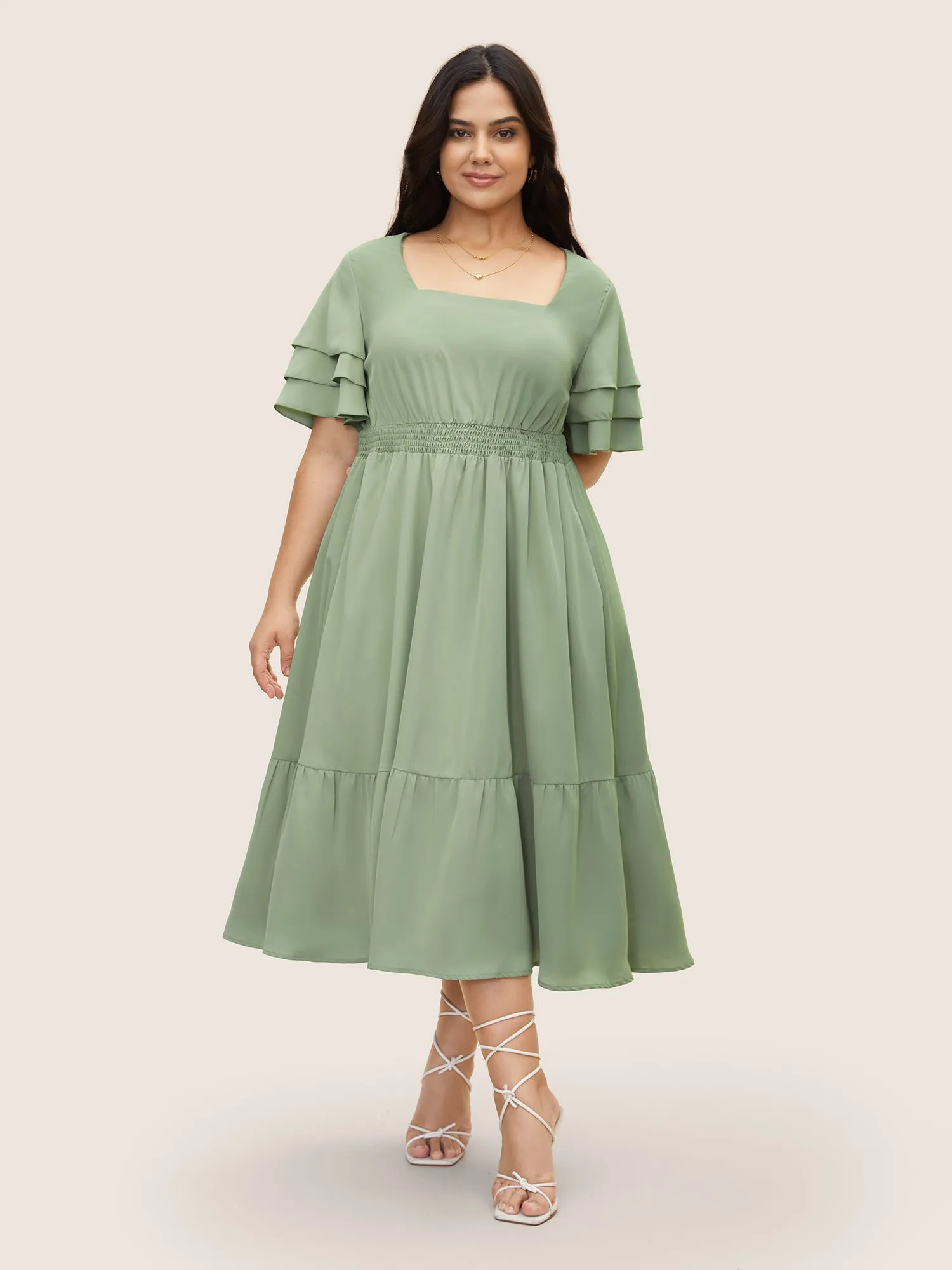 Square Neck Shirred Tiered Ruffle Sleeve Dress sold by Bloomchic