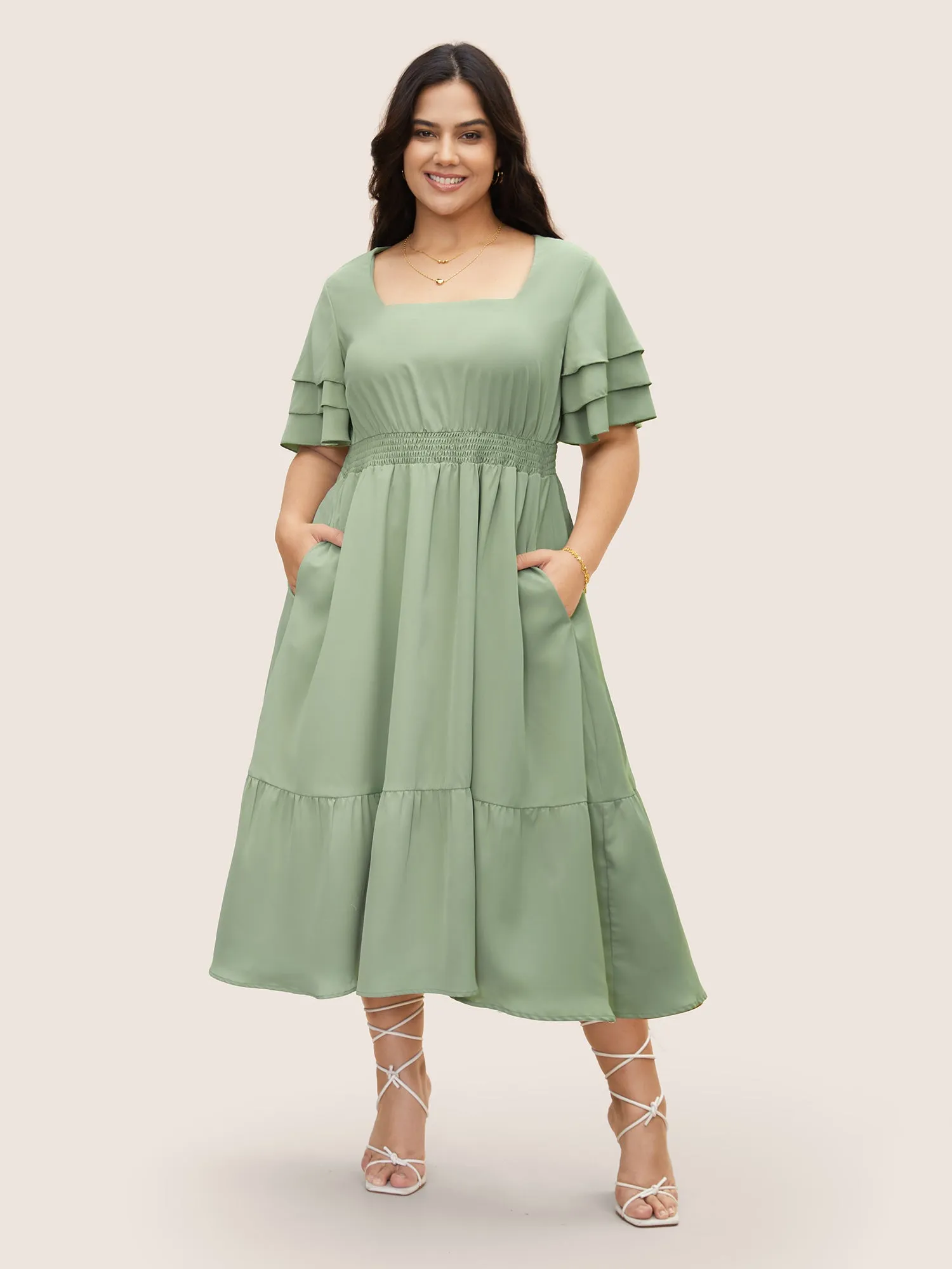 Square Neck Shirred Tiered Ruffle Sleeve Dress sold by Bloomchic product image thumbnail 2