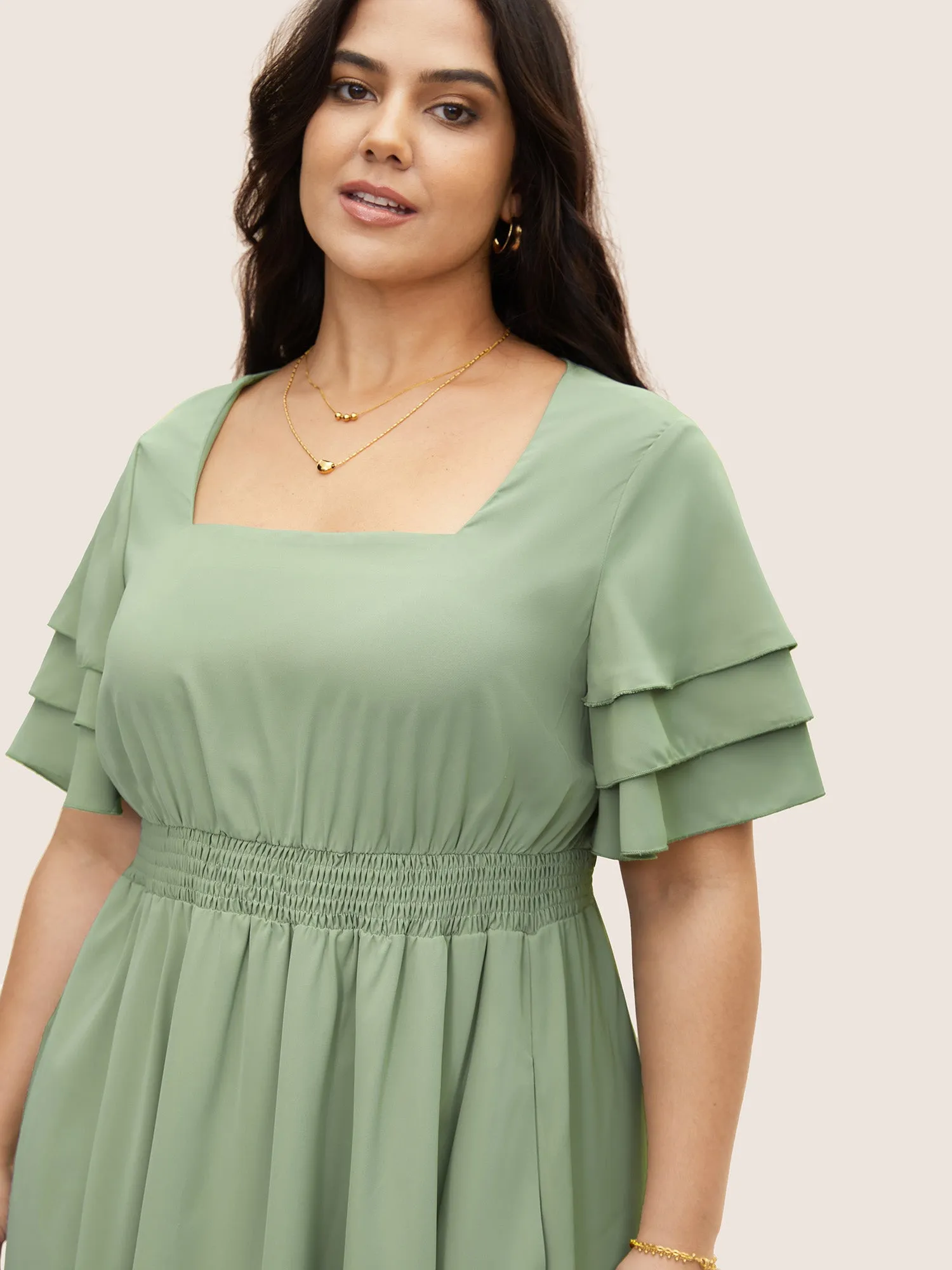 Square Neck Shirred Tiered Ruffle Sleeve Dress sold by Bloomchic product image thumbnail 4