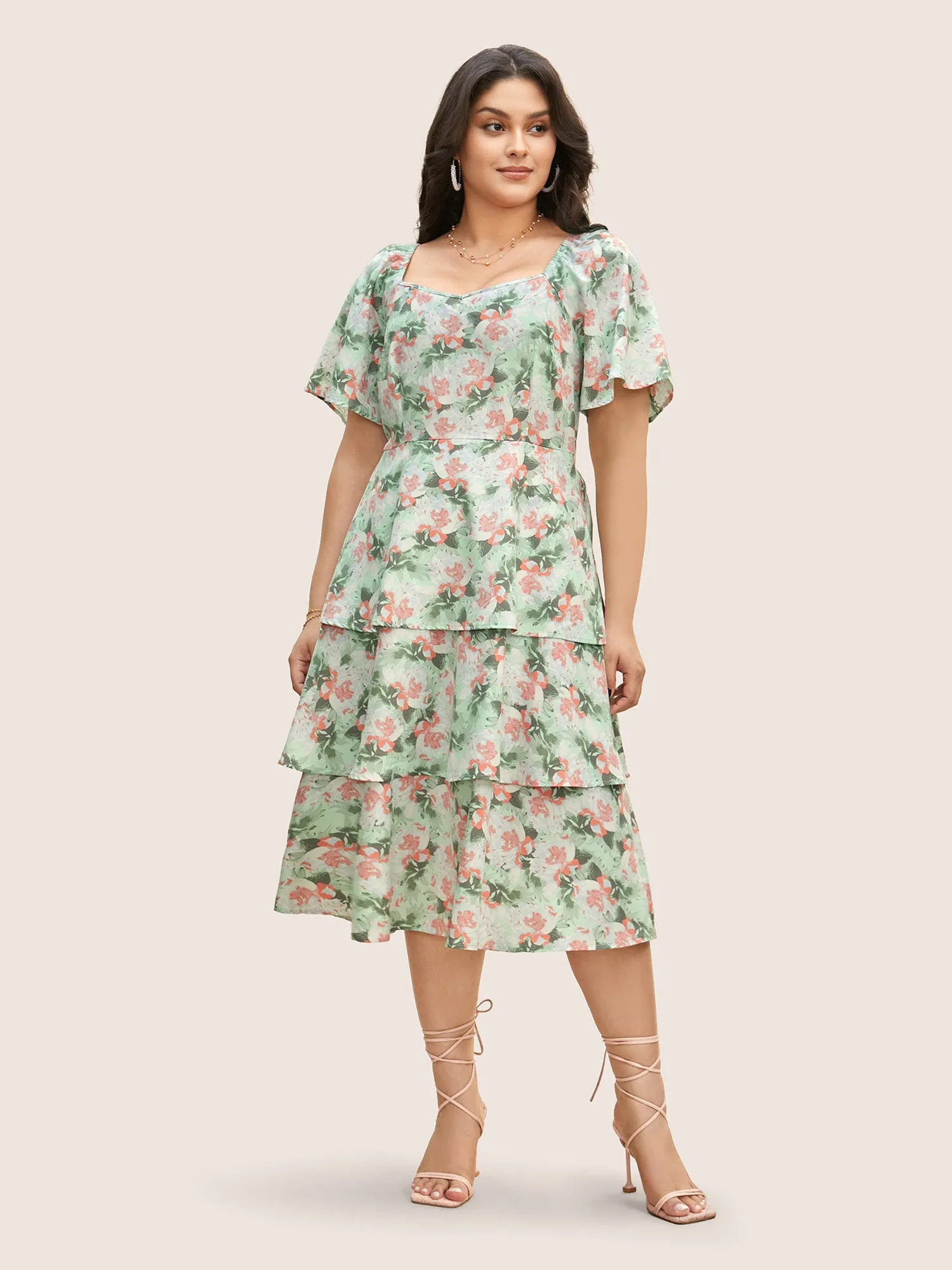 Floral Heart Neckline Shirred Ruffle Layered Hem Dress sold by Bloomchic product image thumbnail 2
