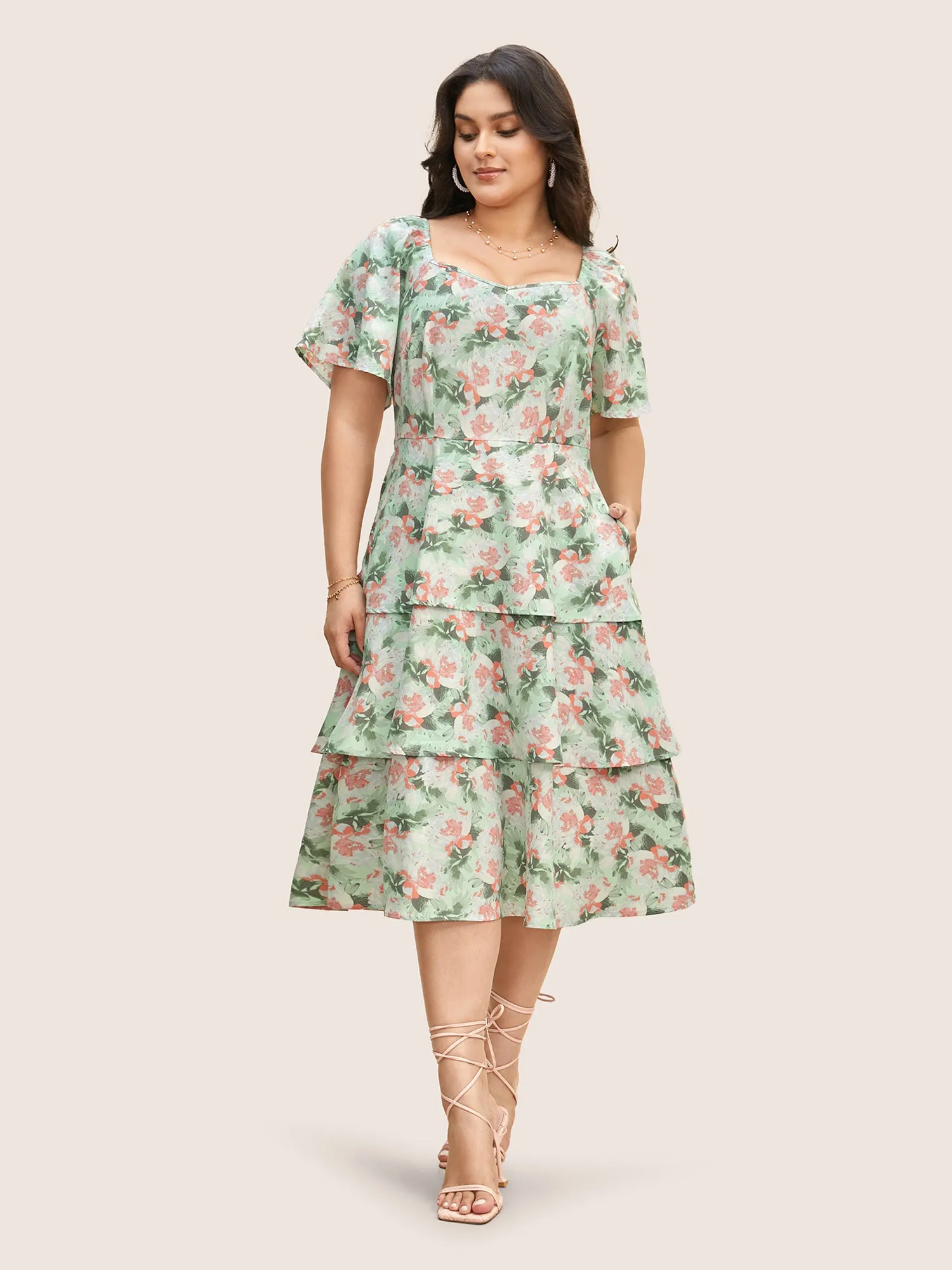Floral Heart Neckline Shirred Ruffle Layered Hem Dress sold by Bloomchic