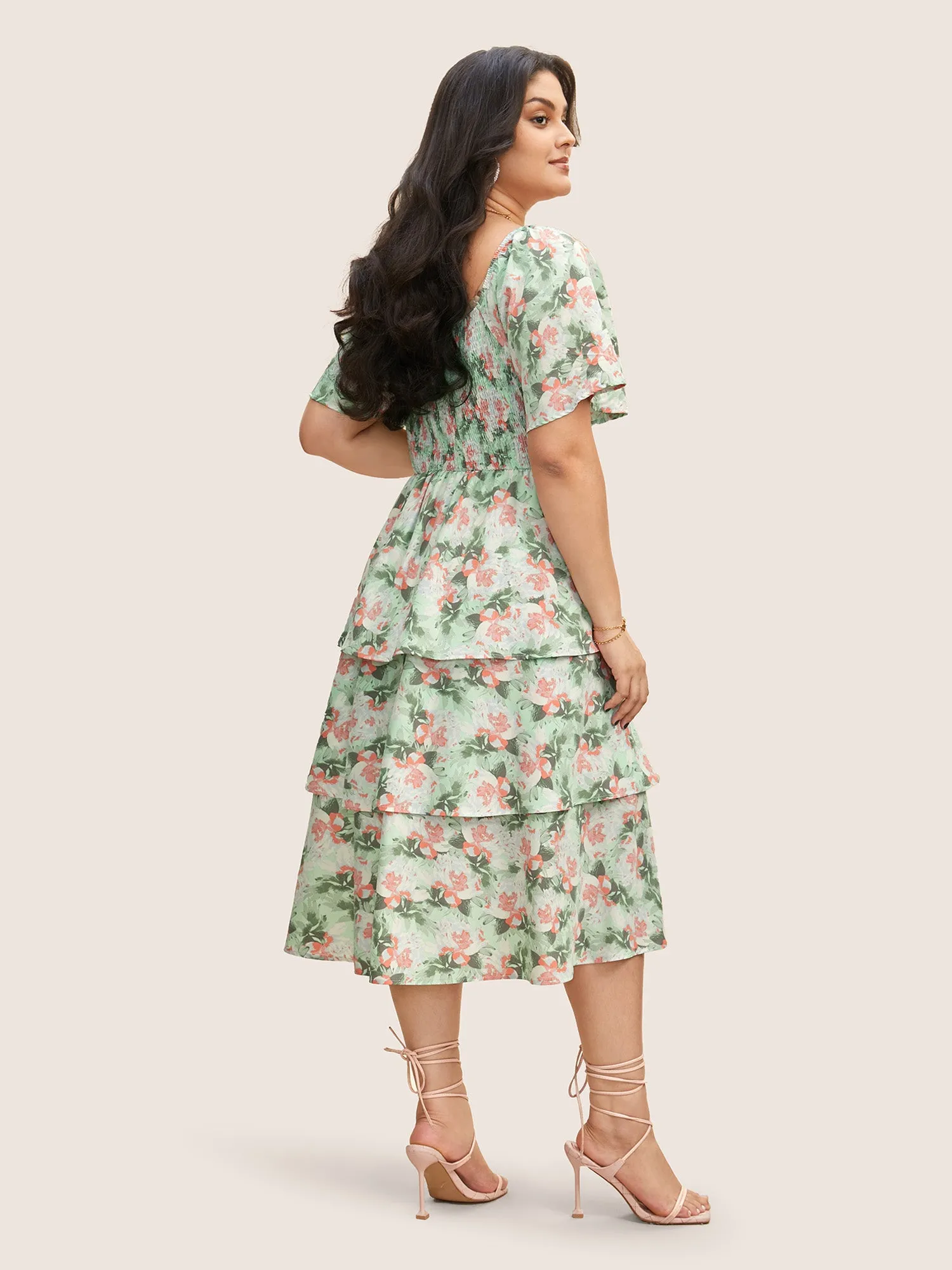 Floral Heart Neckline Shirred Ruffle Layered Hem Dress sold by Bloomchic product image thumbnail 3