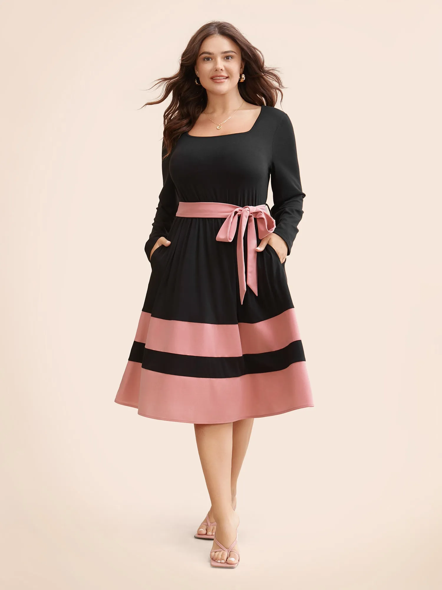 Two Tone Belted Bowknot Square Neck Dress sold by Bloomchic product image thumbnail 5