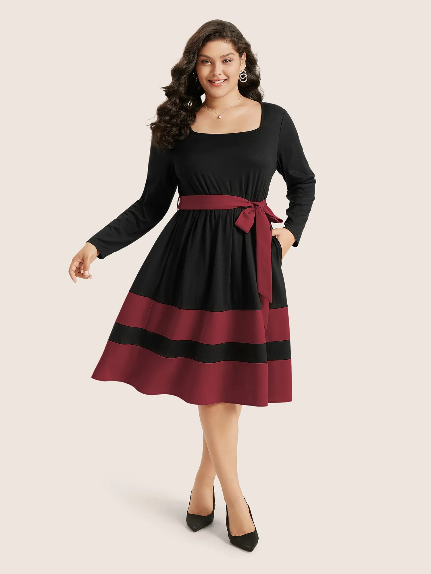 Two Tone Belted Bowknot Square Neck Dress sold by Bloomchic