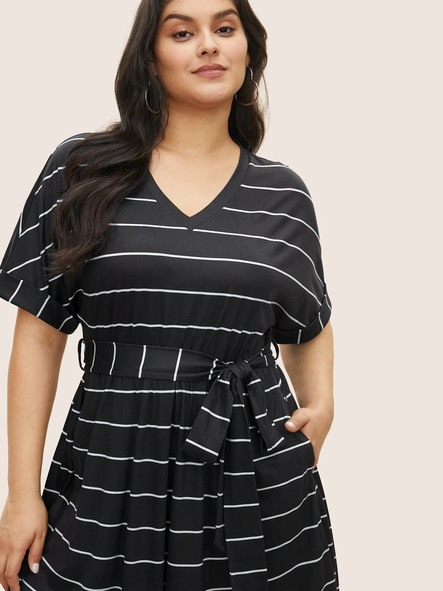 Striped Batwing Cuffed Sleeve Belted Dress sold by Bloomchic product image thumbnail 4