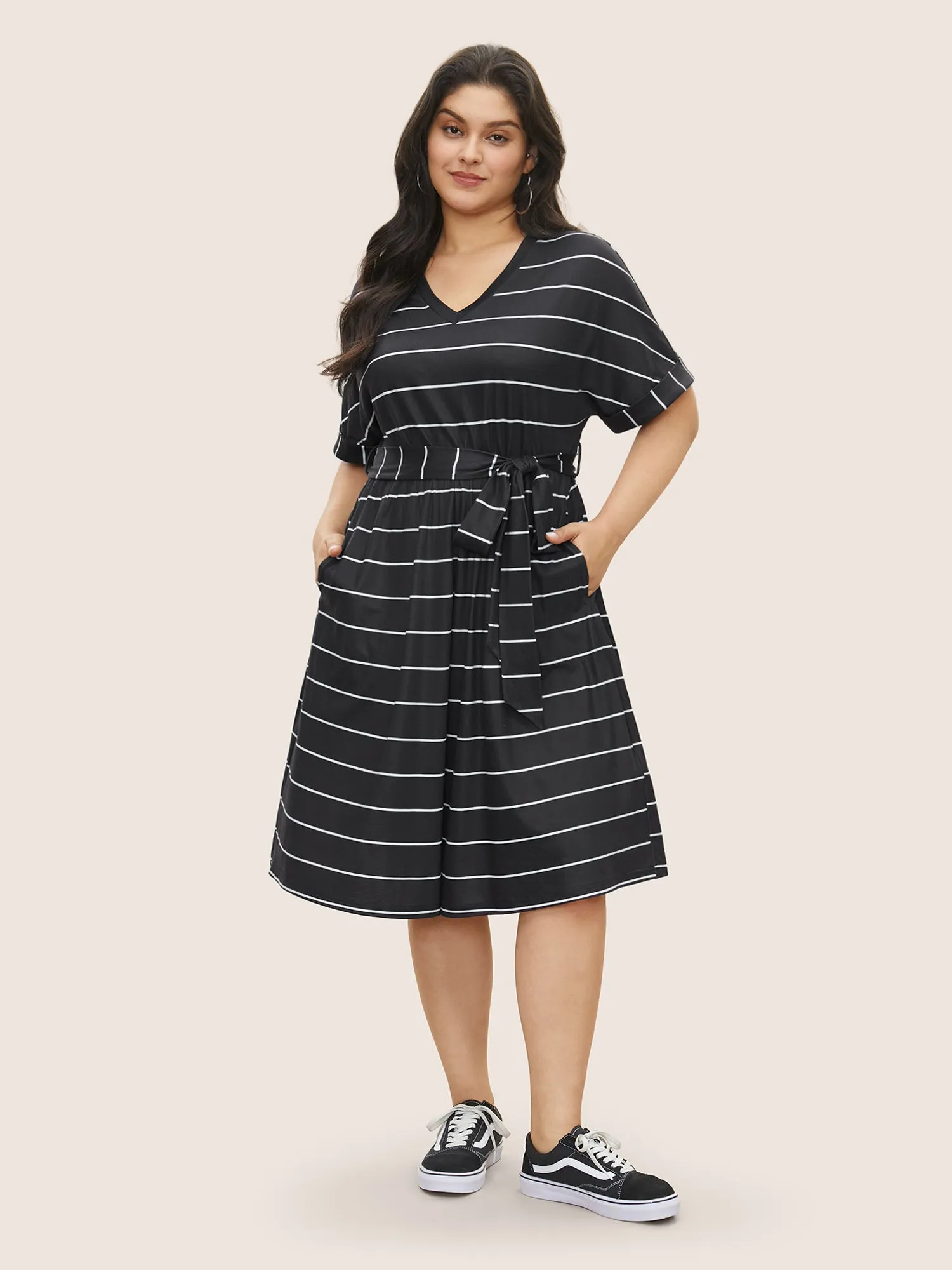 Striped Batwing Cuffed Sleeve Belted Dress sold by Bloomchic product image thumbnail 3