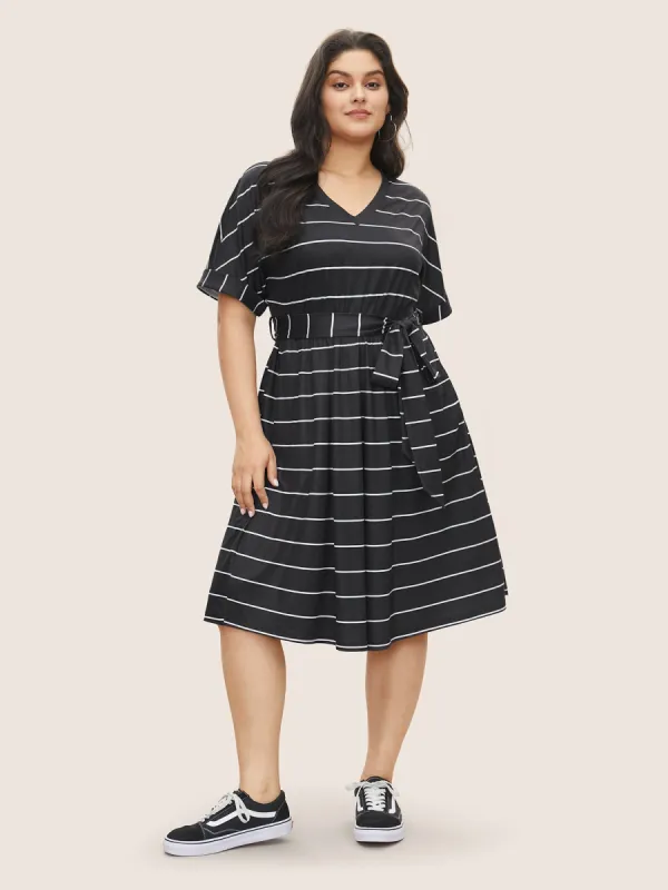 Striped Batwing Cuffed Sleeve Belted Dress sold by Bloomchic