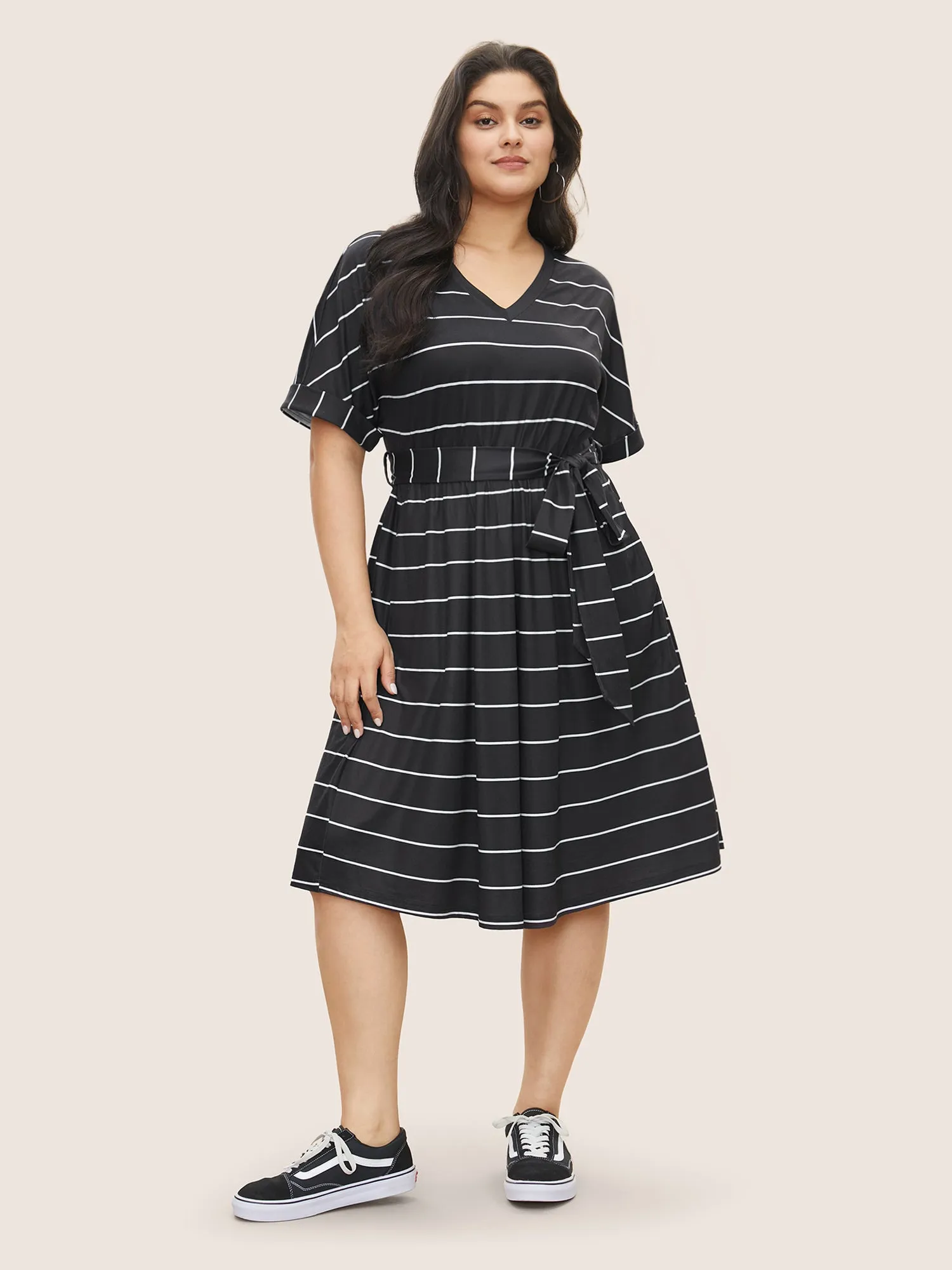 Striped Batwing Cuffed Sleeve Belted Dress sold by Bloomchic