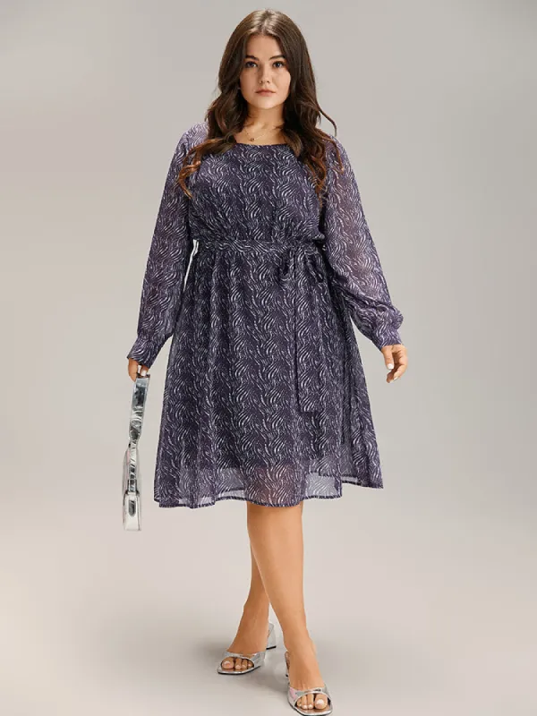 Geometric Mesh Elastic Waist Belted Dress sold by Bloomchic